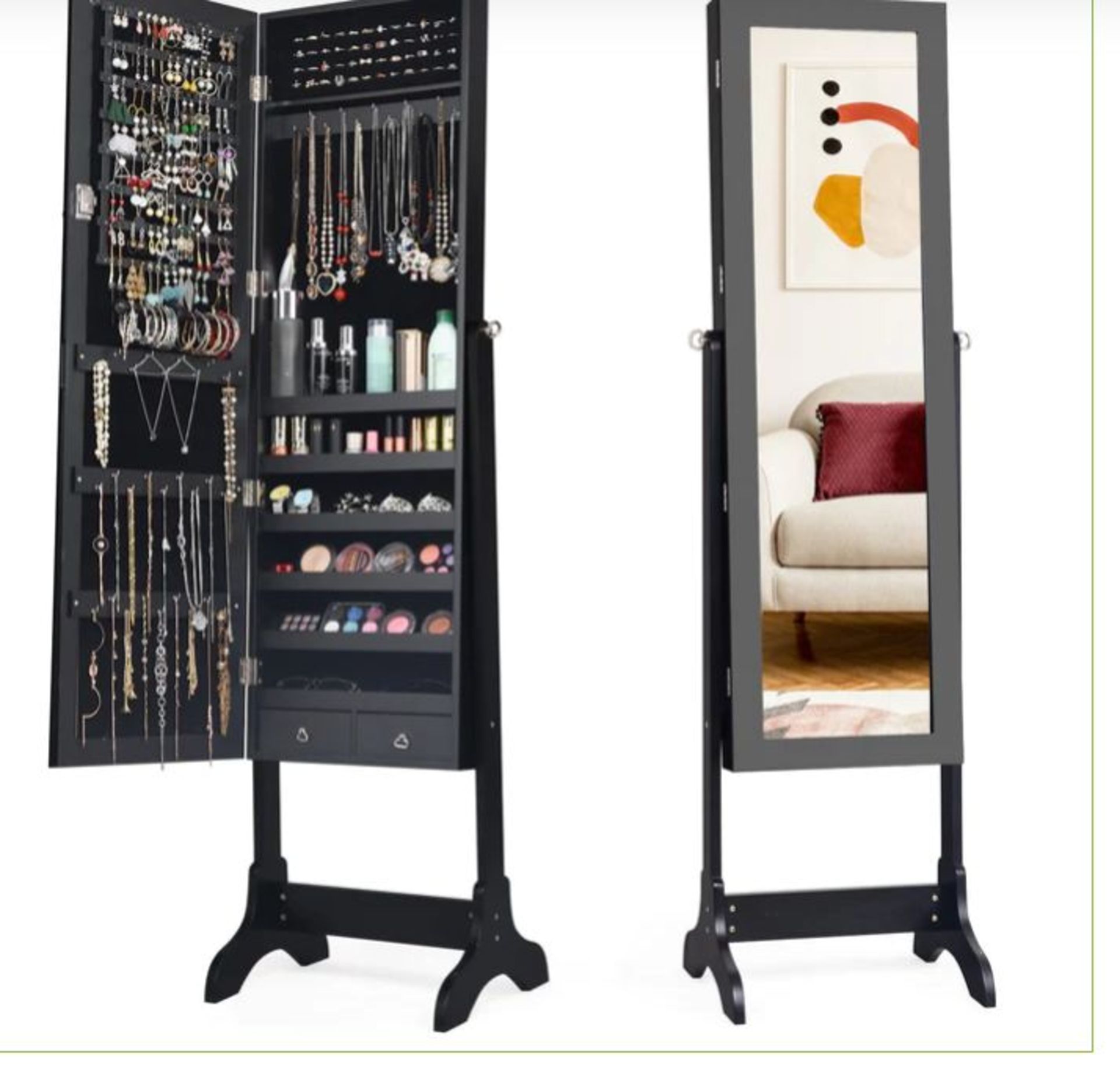 FREESTANDING JEWELRY CABINET WITH FULL-LENGTH MIRROR AND DRAWERS-BLACK. -ER53.