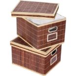 COSTWAY Set of 2 Folding Storage Box with Lid and Metal Handle, Bamboo Storage Basket Bins