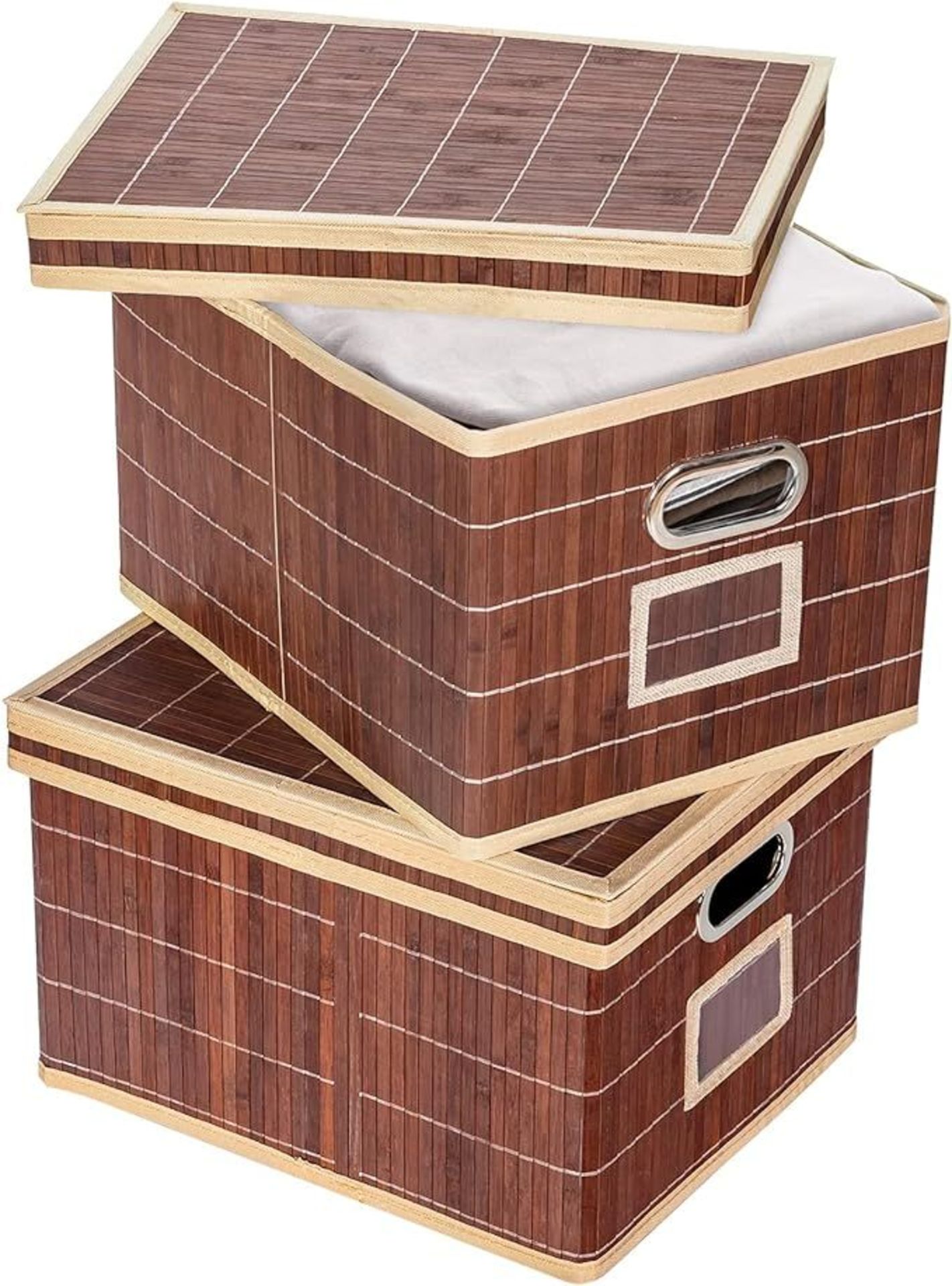 COSTWAY Set of 2 Folding Storage Box with Lid and Metal Handle, Bamboo Storage Basket Bins