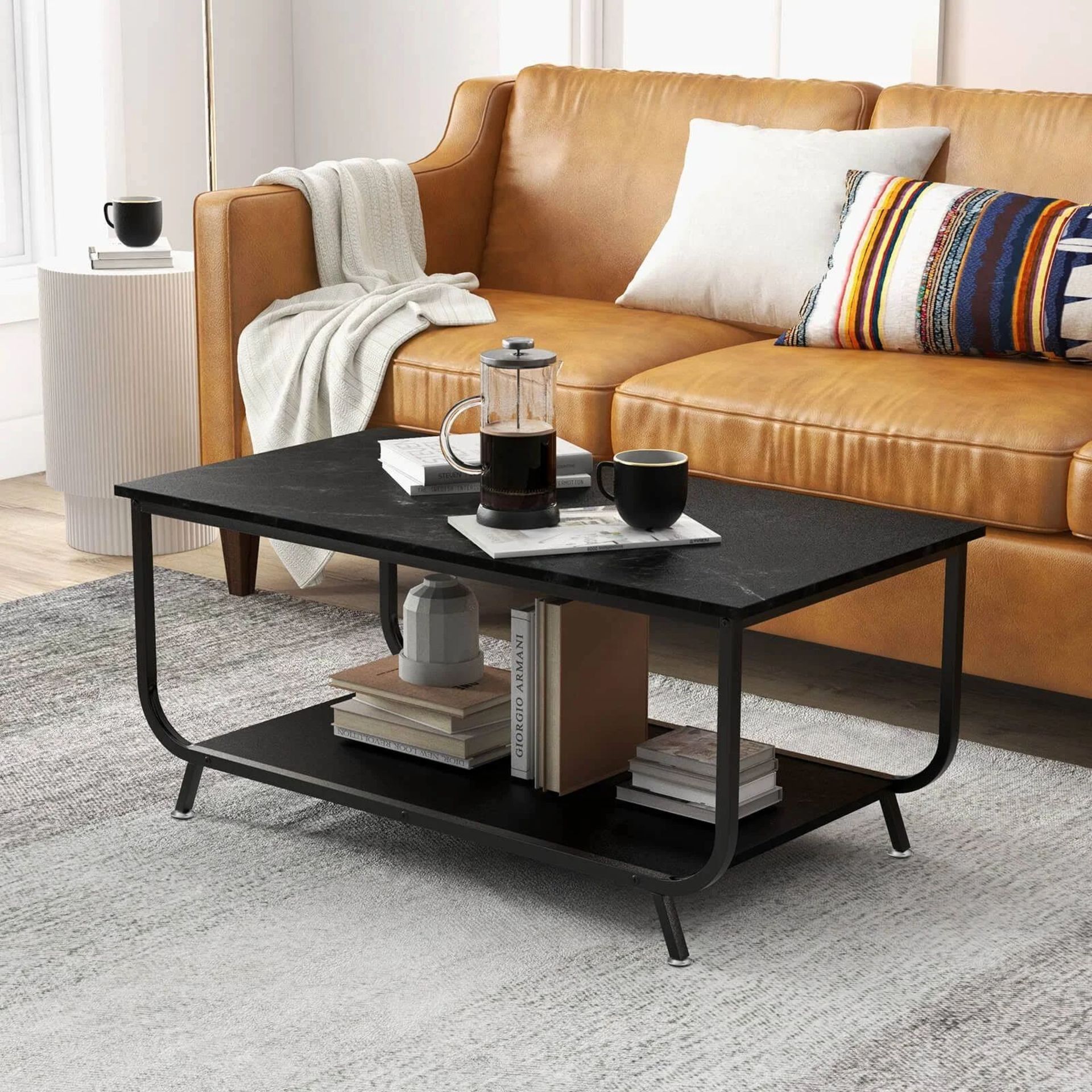 Store 2-Tier Faux Marble Coffee Table Rectangular with Shelf-Black. - ER53.