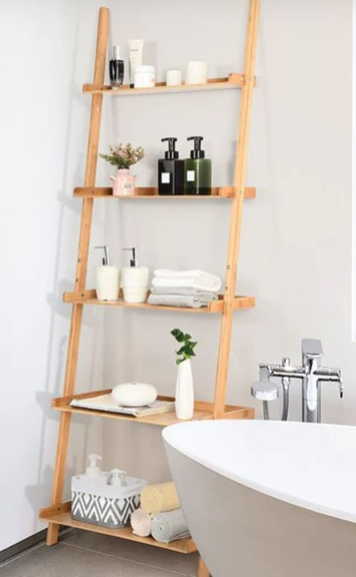 5 TIER BAMBOO LADDER SHELF WITH RAISED BAFFLE FOR LIVING ROOM. - ER53. Equipped with 5 open
