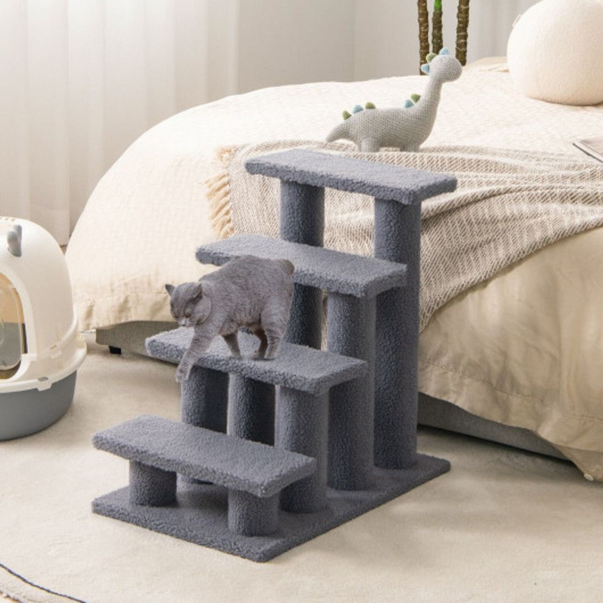 24 Inch 4-Step Pet Stairs Carpeted Ladder Ramp Scratching Post Cat Tree Climber. -ER53. This 4 steps