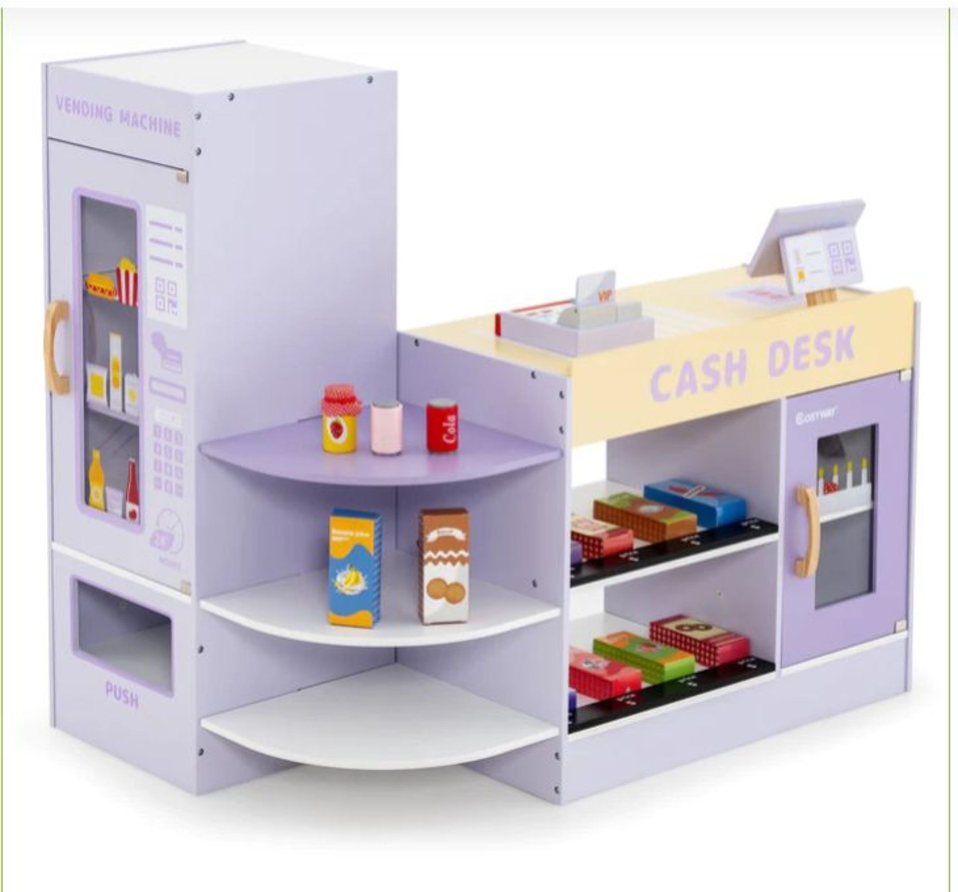 KIDS WOODEN GROCERY STORE SUPERMARKET PLAY TOY SET-PURPLE. - ER53. With a checkout counter and a