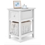 2 TIERS WOOD NIGHTSTAND WITH 1 DRAWER AND 1 BASKETS FOR HOME-WHITE. - ER53.