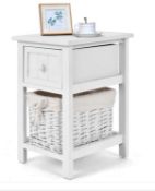 2 TIERS WOOD NIGHTSTAND WITH 1 DRAWER AND 1 BASKETS FOR HOME-WHITE. - ER53.