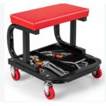 Rolling Workshop Creeper Soft Padded Seat Mechanic Stool with Tool Tray Storage. - ER53.