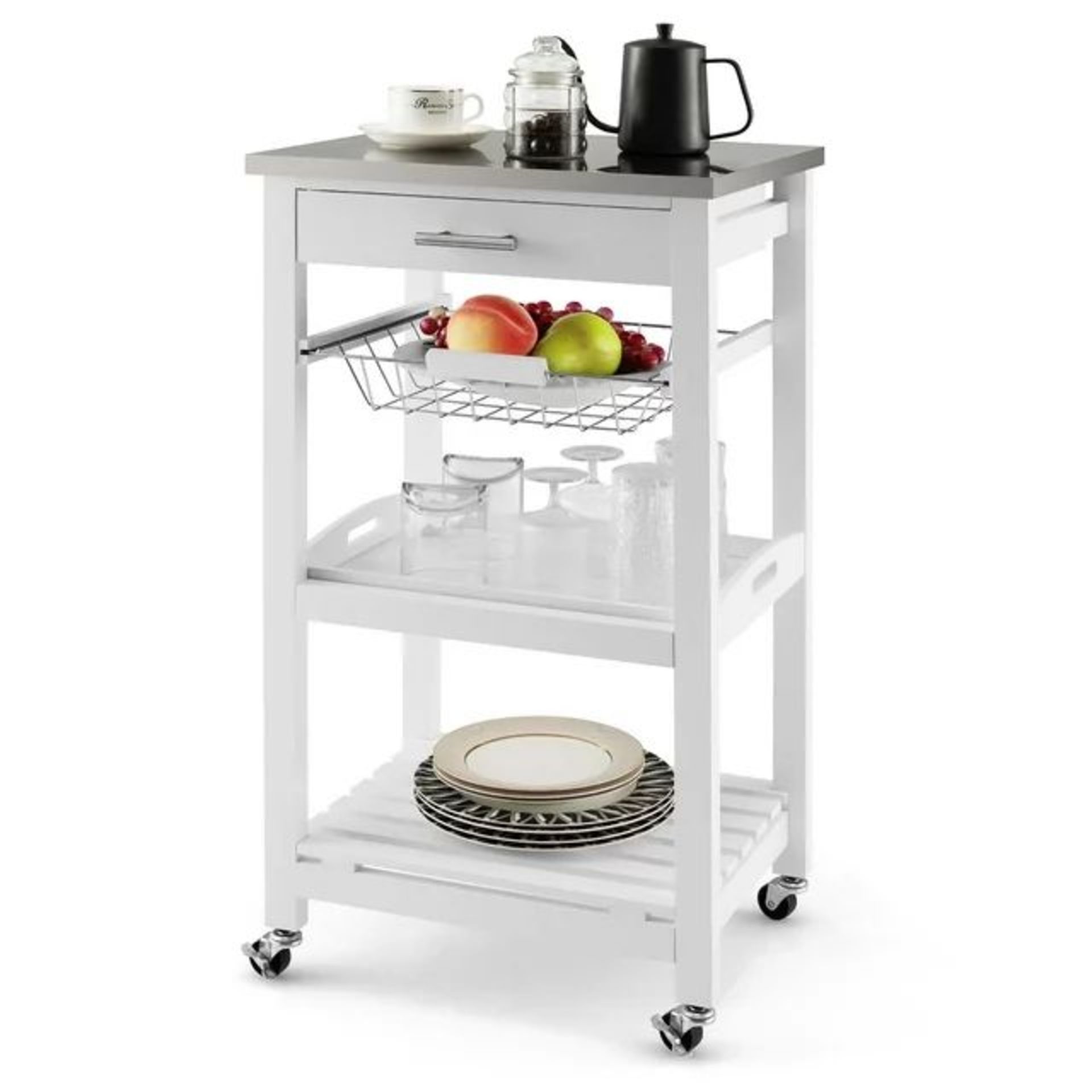 Costway Compact Kitchen Island Cart Rolling Service Trolley withStainless Steel Top Basket - ER53