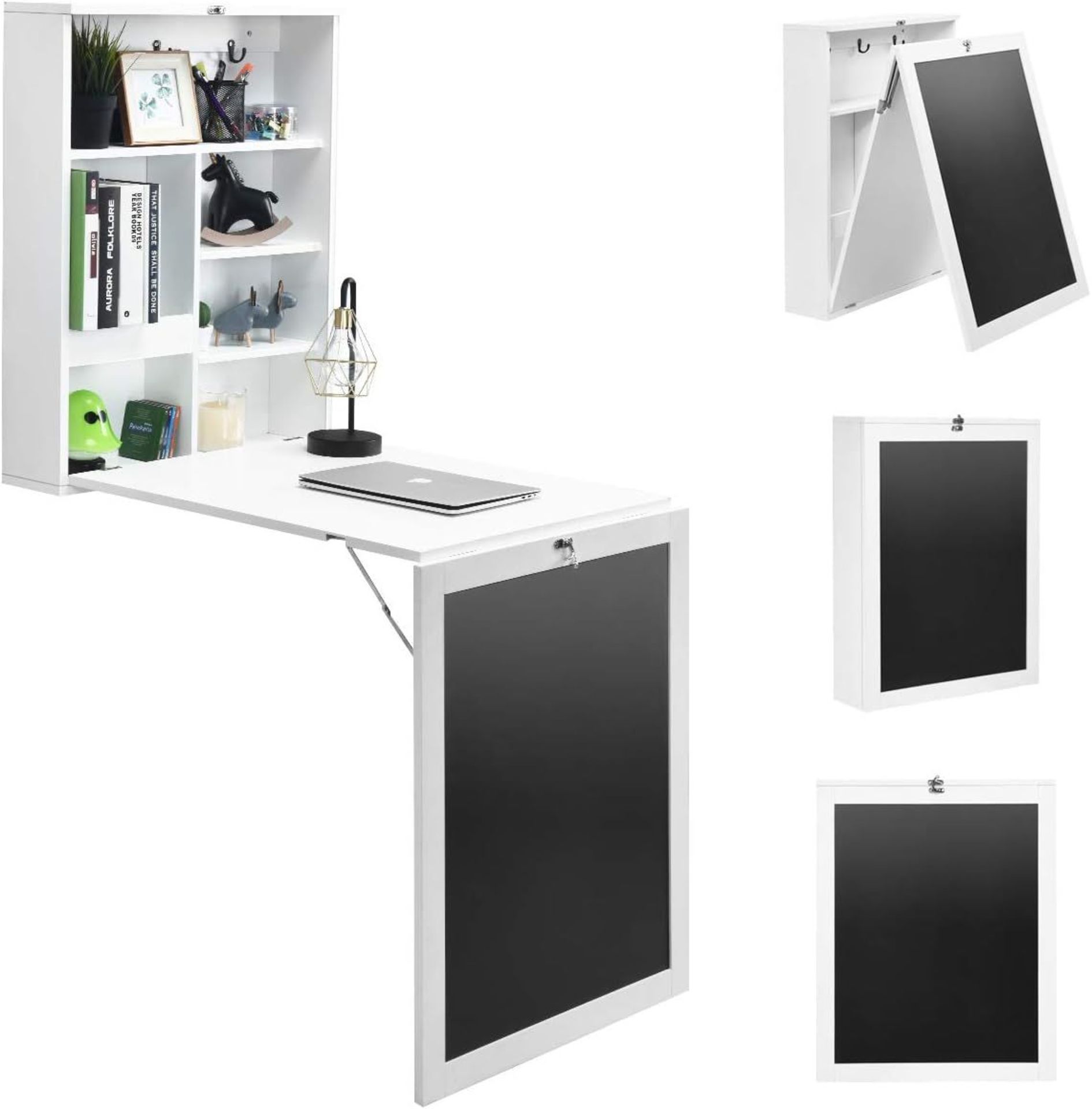 Folding Wall Desk, Wall Mounted Fold Out Desk with Storage Shelves & Hooks, Hideaway Desk Wall Mount