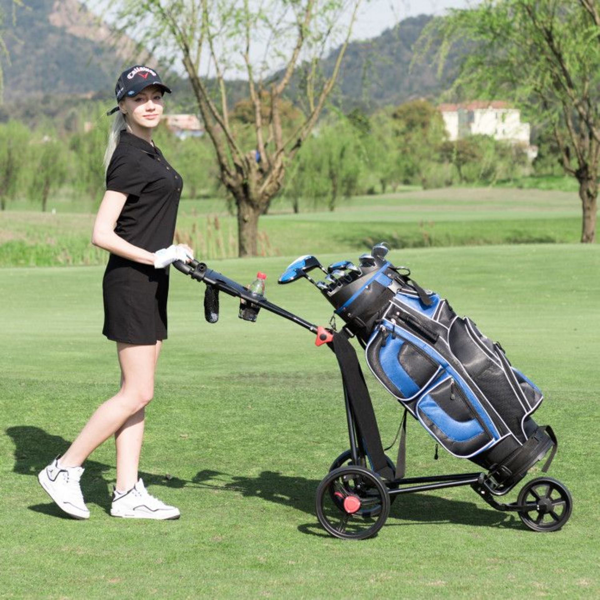 3 Wheel Durable Foldable Steel Golf Cart with Mesh Bag. - ER53. Golf push cart can be folded