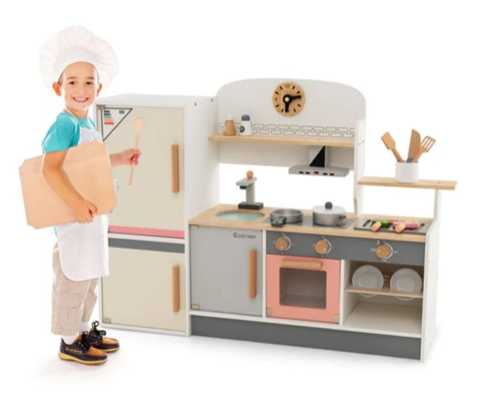 WOODEN PRETEND KIDS PLAY KITCHEN SET WITH REALISTIC RANGE HOOD. - ER53. It features a range hood,