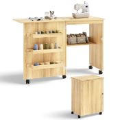 FOLDING SEWING TABLE WITH STORAGE SHELVES AND LOCKABLE CASTERS-BEIGE. - ER53.