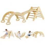 Costway 3-in-1 Kids Climber Set Toddler Wooden Play Arch with Sliding and Climbing Ramp. - ER53.