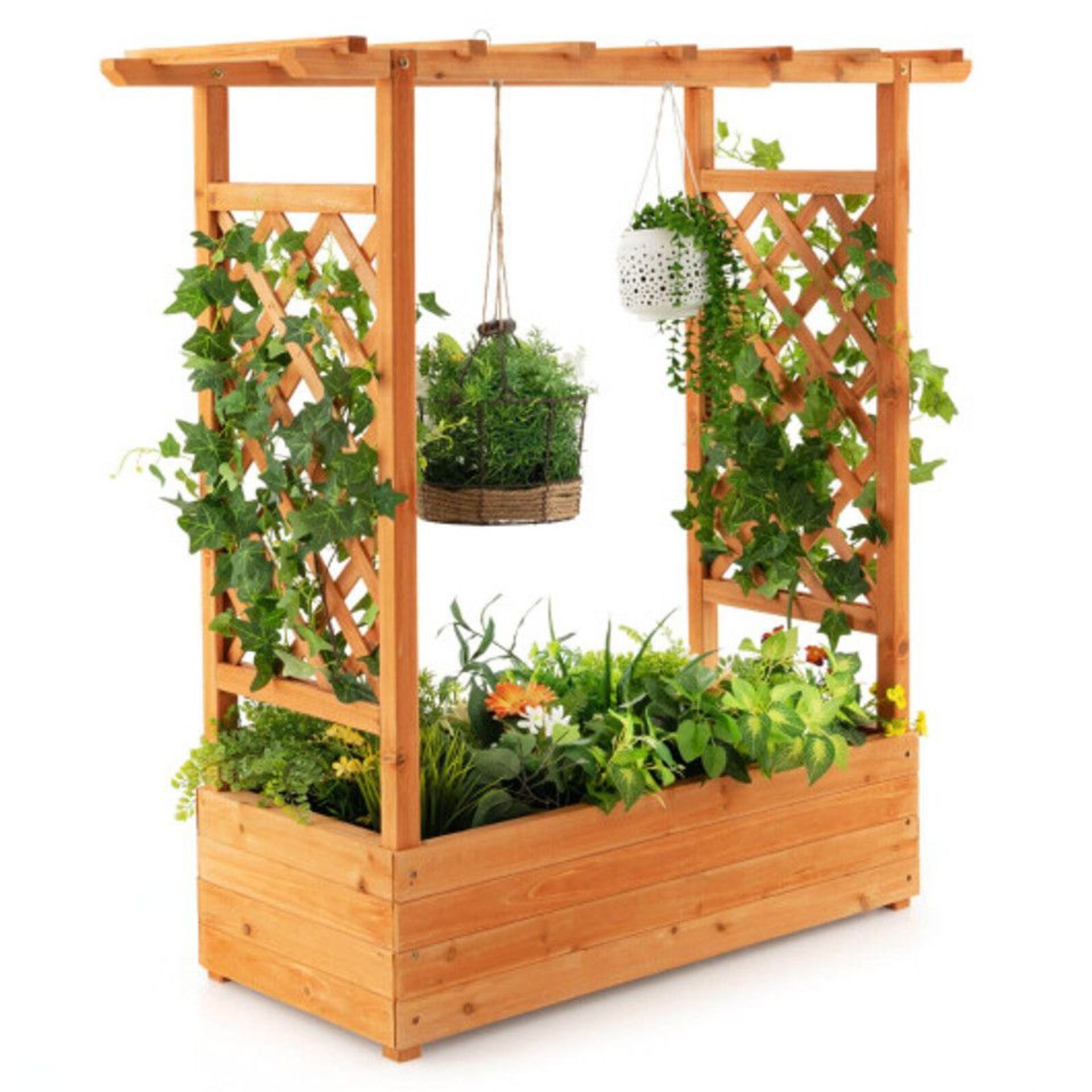Raised Garden Bed With Trellis Or Climbing Plant And Pot Hanging-Natural. - ER53.