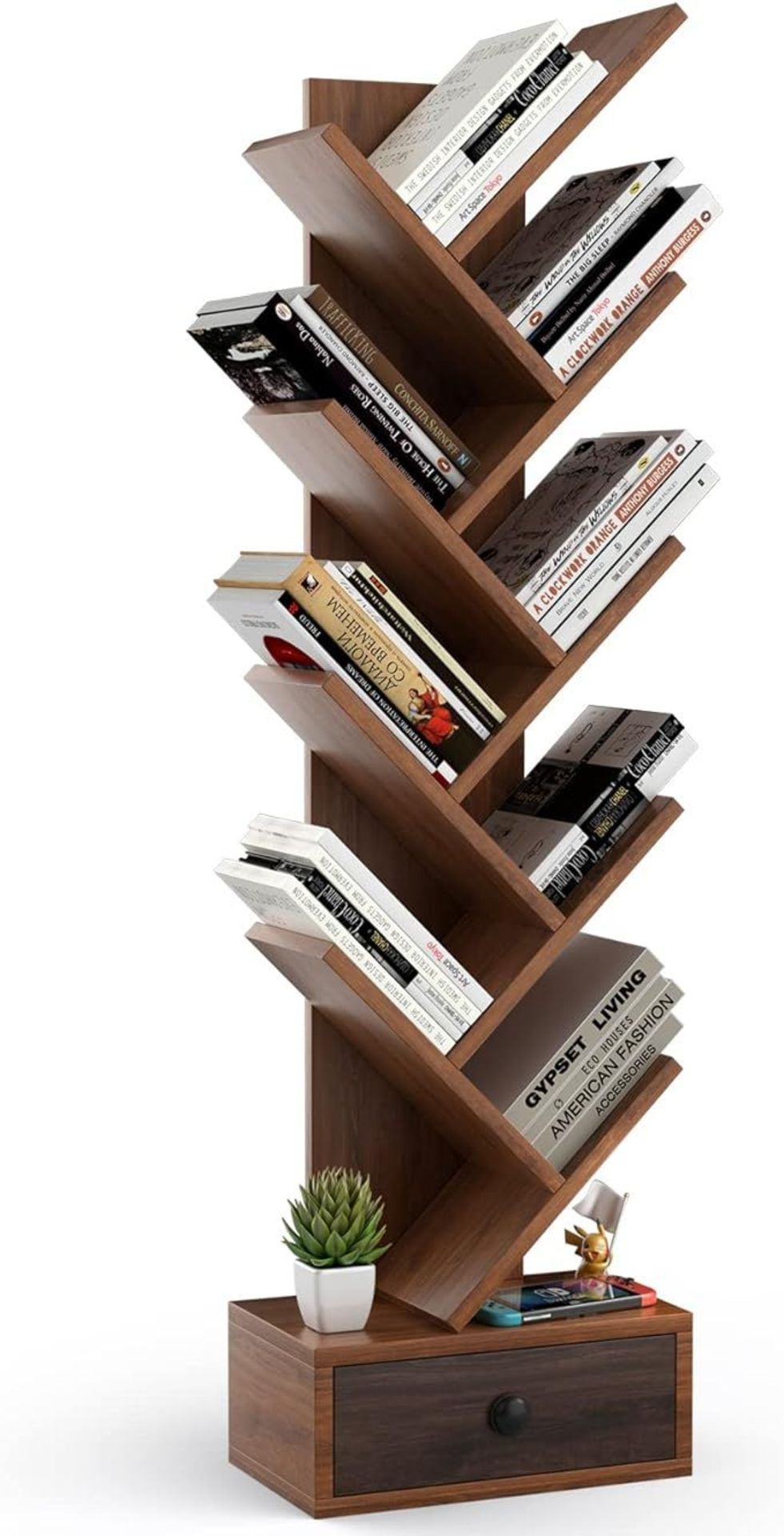 Luxury Tree Bookshelf, 10-Tiers Floor Standing Wooden Bookcase Storage Shelving Unit, Narrow