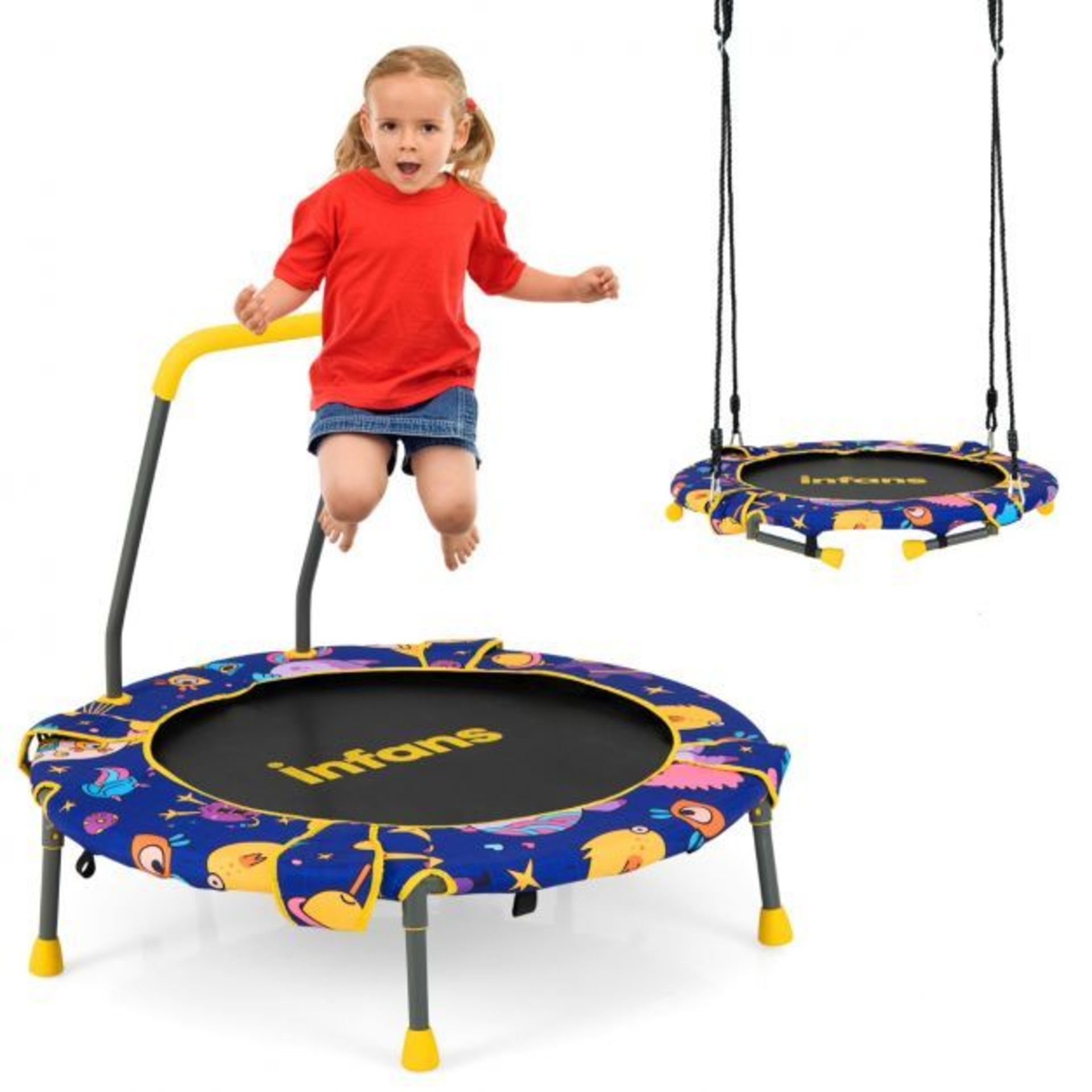 2-in-1 Folding Toddler Trampoline and Swing with Removable Handle. - ER53. This kids toy is a
