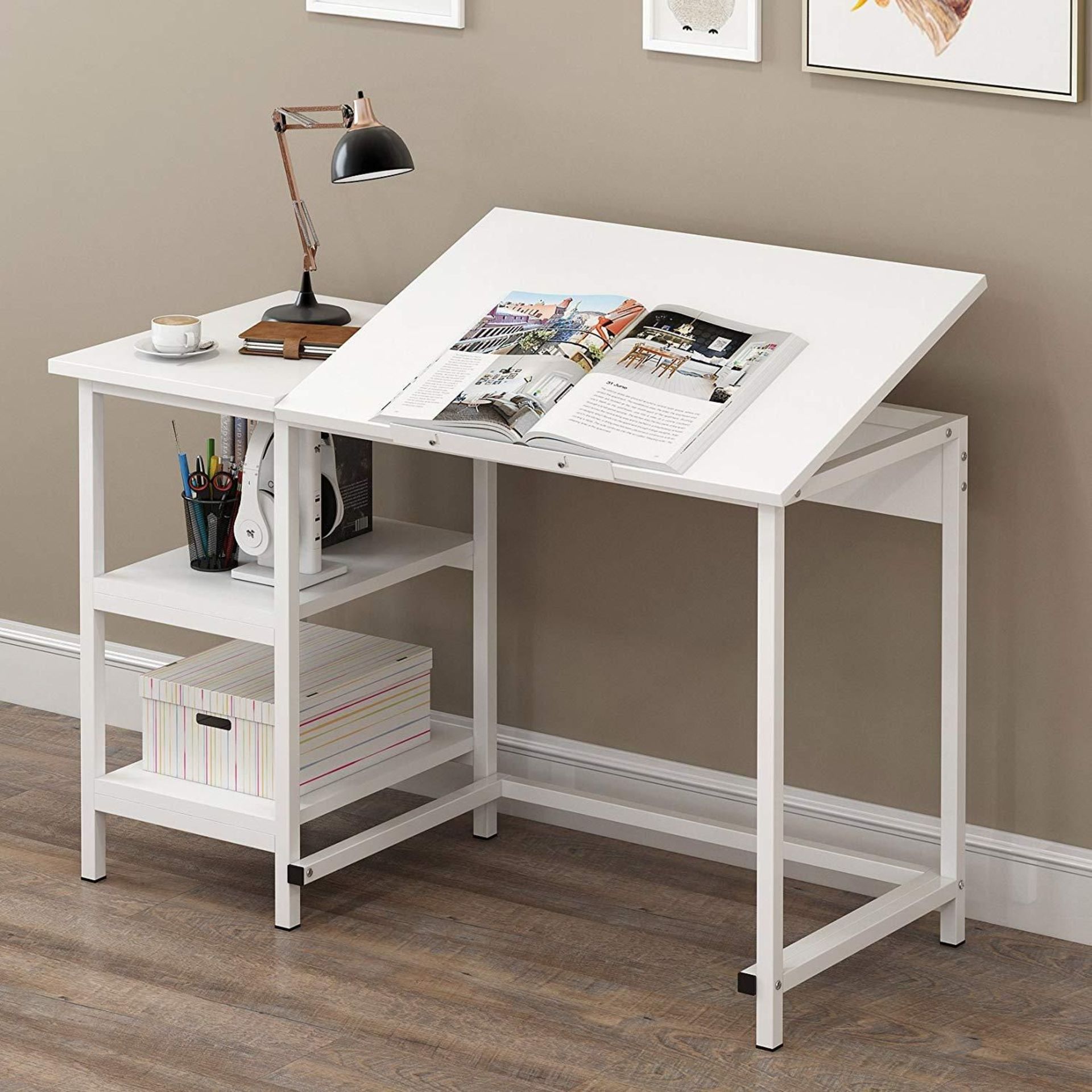 Atelier Adjustable Desk with Shelves in White. -ER30