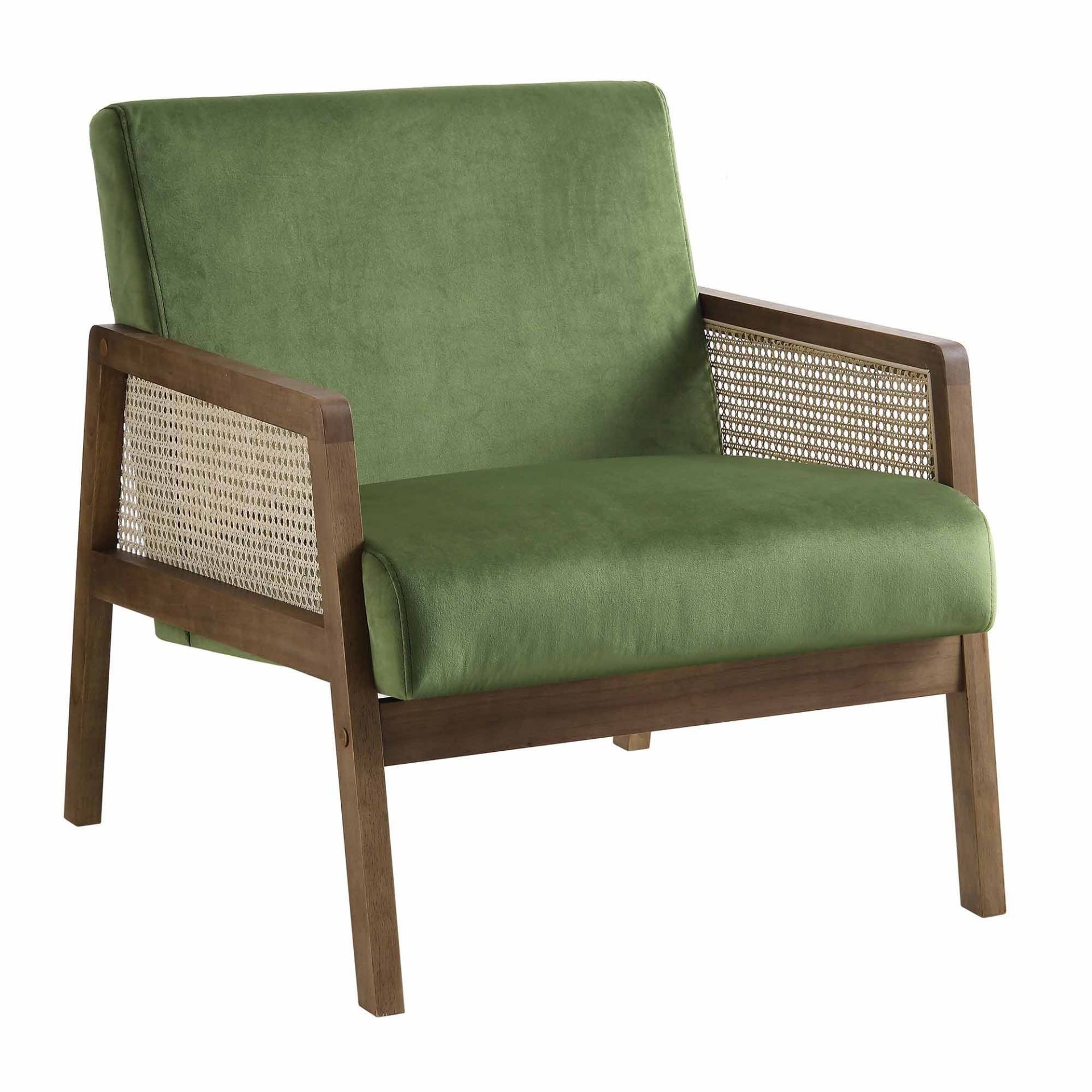 Fyne Moss Green Velvet Walnut Frame Rattan Armchair. - ER30. RRP £229.99. Crafted from solid wood, - Image 2 of 2