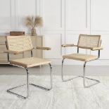 Rayna Pair of 2 Solid Beech Dining Chairs with Armrests, Natural Cane & Chrome (Natural). - ER29
