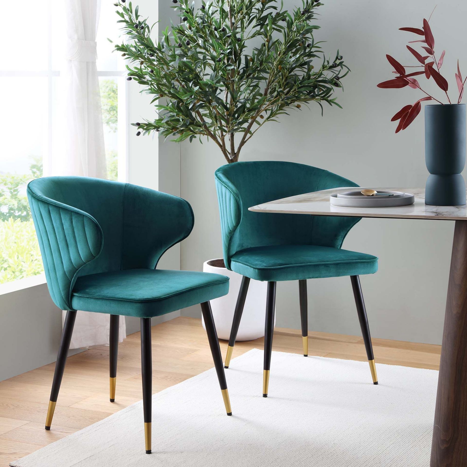 Langham Set of 2 Teal Velvet Upholstered Carver Dining Chairs. -ER31. RRP £269.99. Our Langham