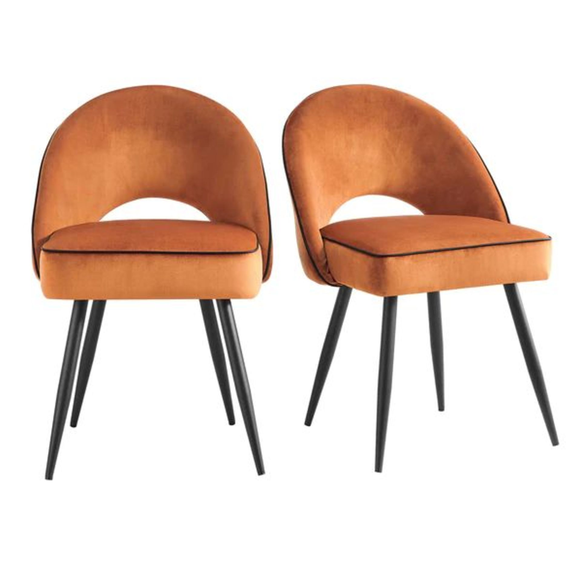 Oakley Set of 2 Orange Velvet Upholstered Dining Chairs with Contrast Piping. - ER31. RRP £279.99. - Image 2 of 2