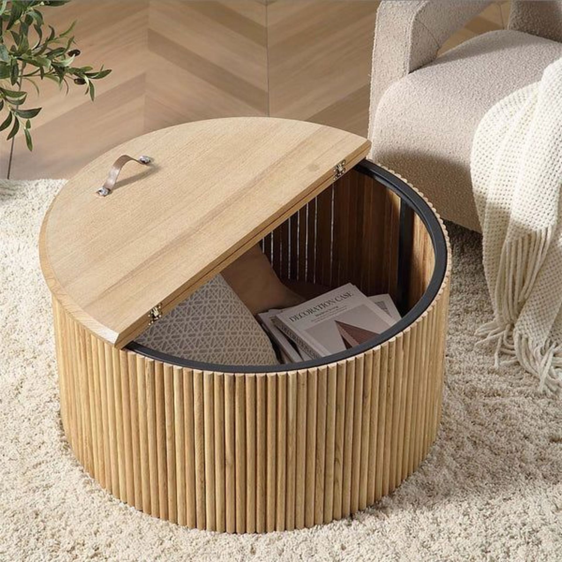 Maru Oak Round Coffee Table with Storage, Oak. - ER30. RRP £349.99. Featuring fluted base made - Image 2 of 2