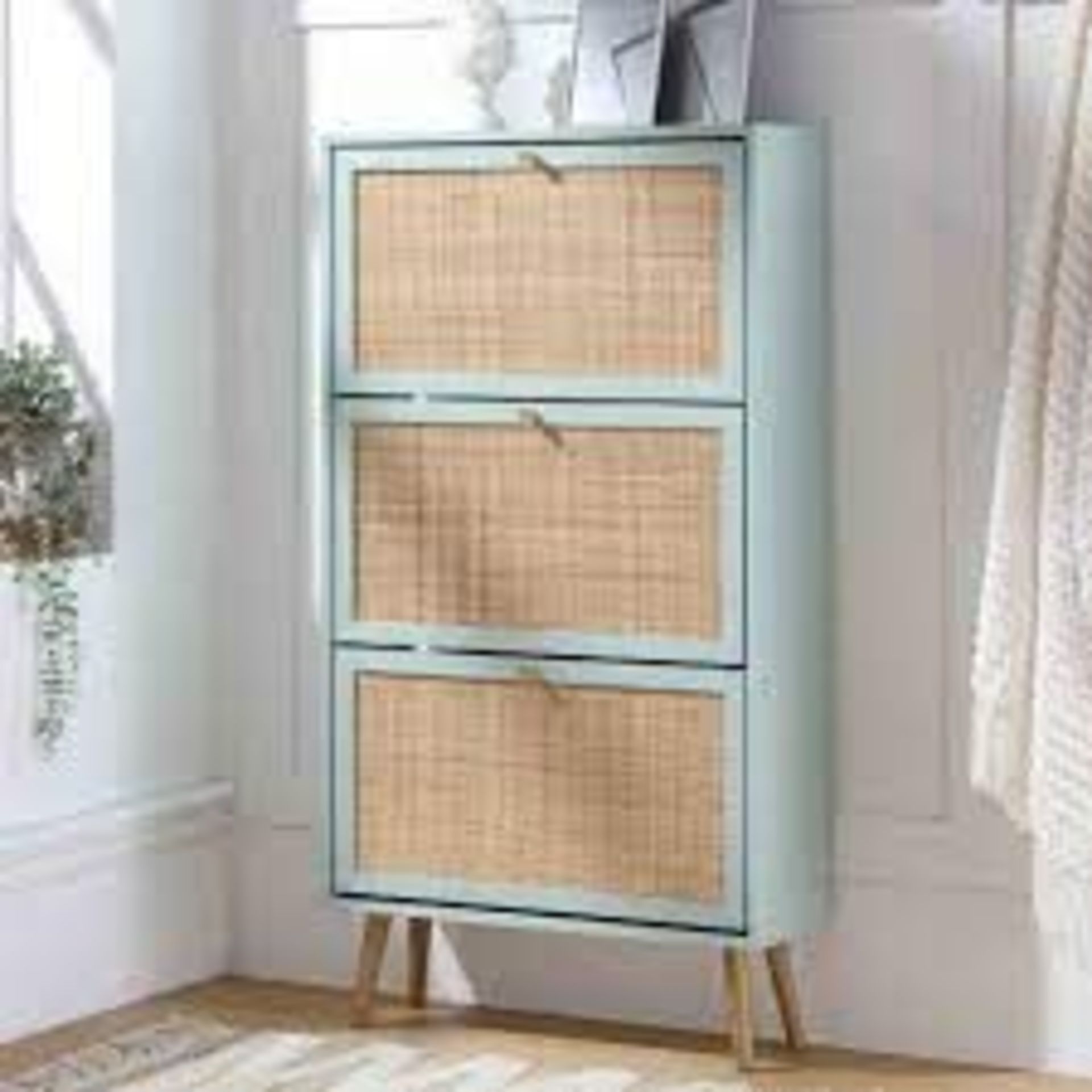 Frances Rattan 3 Tier Shoe Storage Cabinet, Mint. - ER30. RRP £219.99. The cabinet has 3 tiers