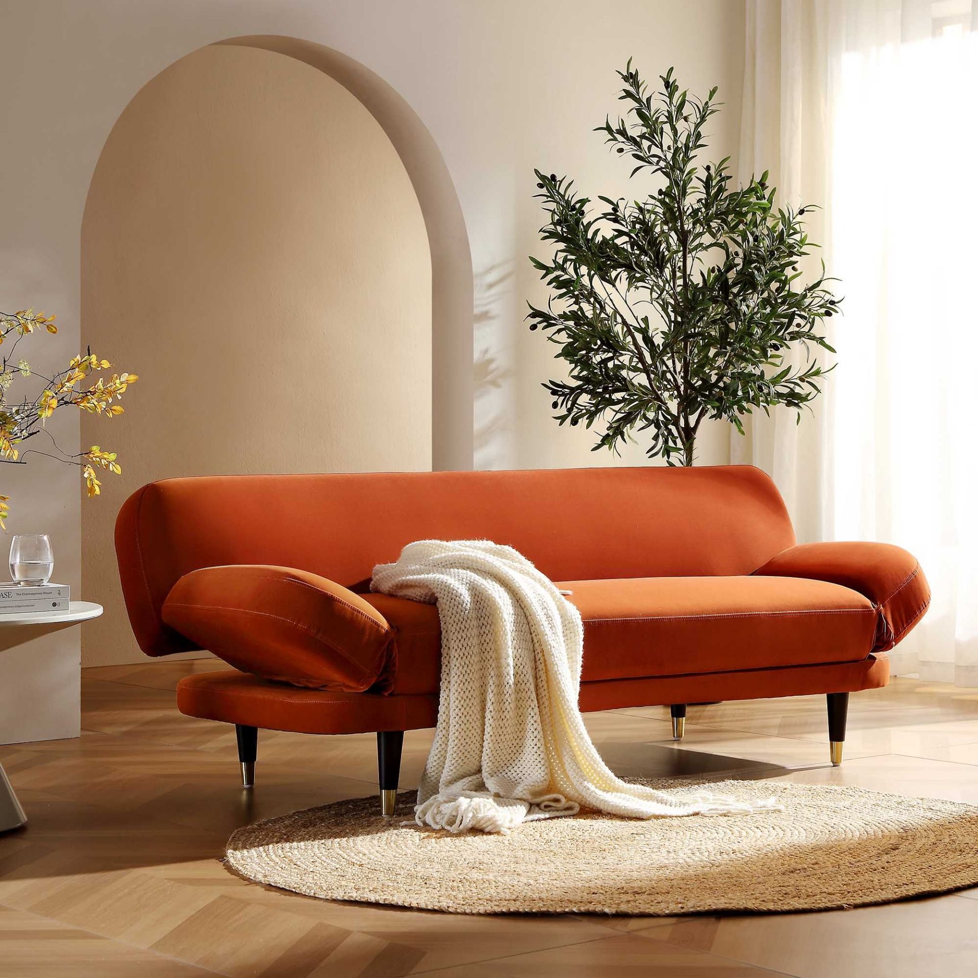 Solna 2-Seater Sofa Bed, Rust Velvet. -ER23. RRP £439.99. Upholstered in soft champagne colour
