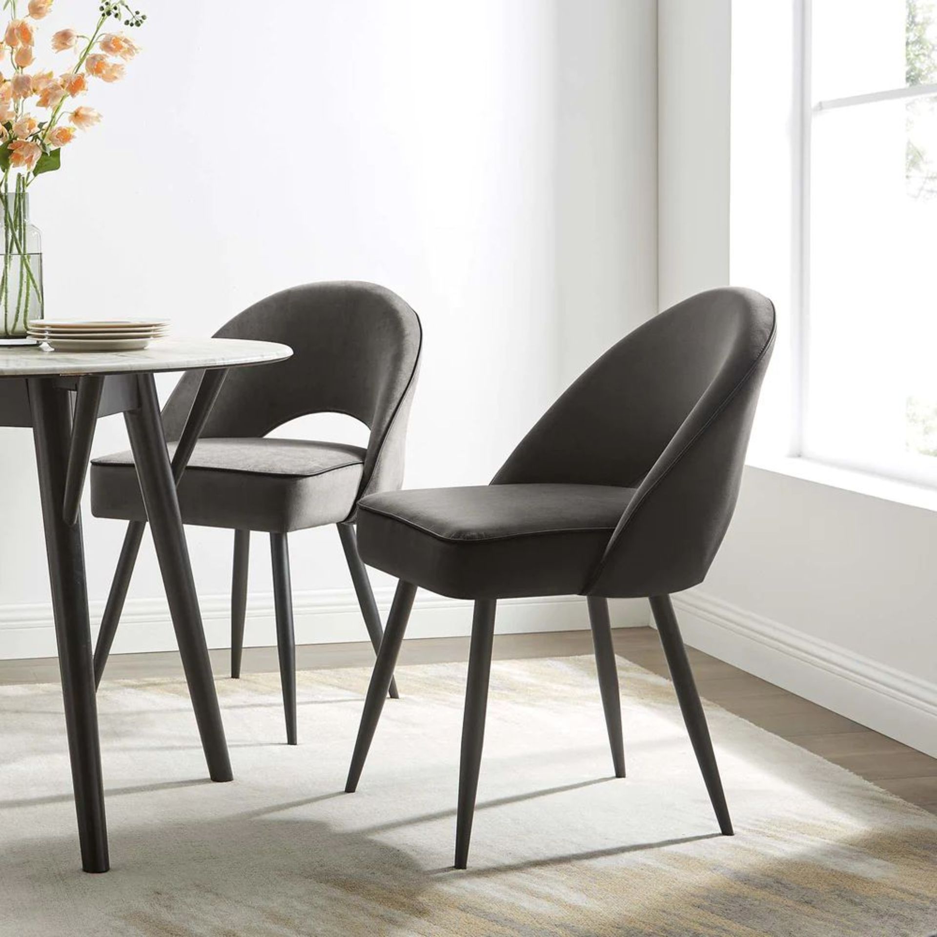 Oakley Set of 2 Dark Grey Velvet Upholstered Dining Chairs with Piping. - ER29.