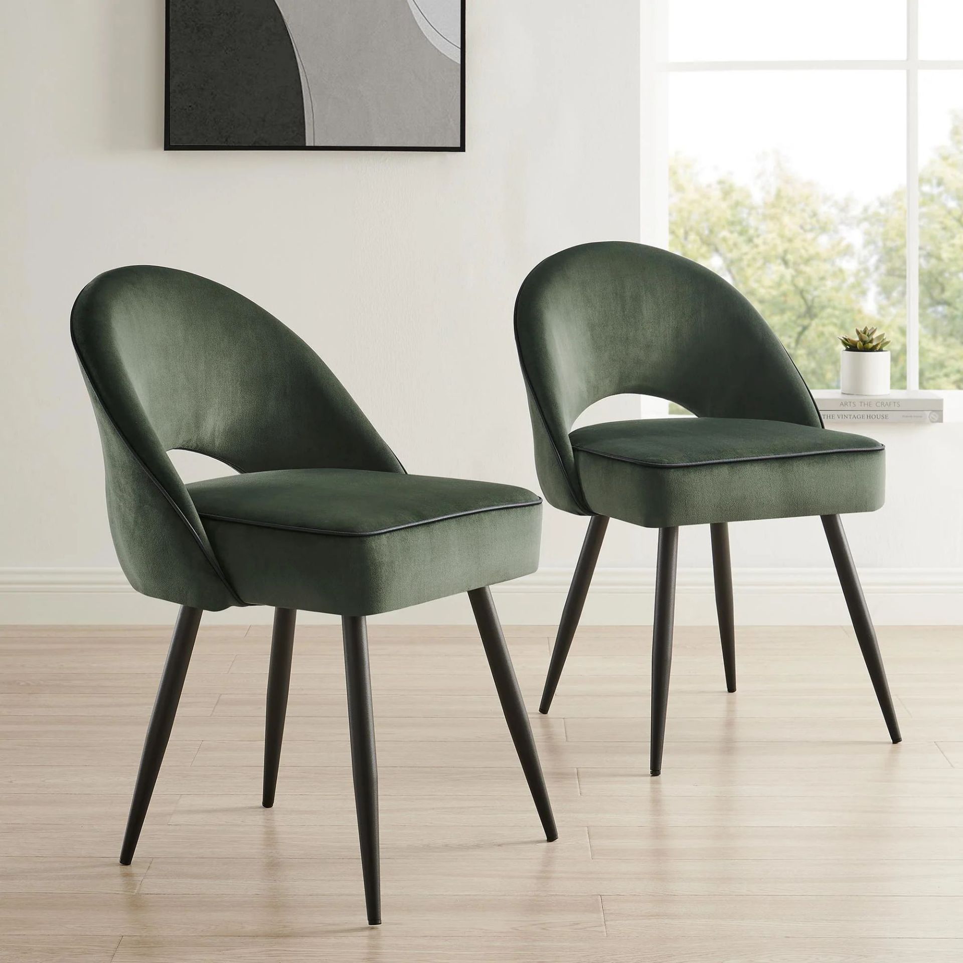 Oakley Set of 2 Dark Green Velvet Upholstered Dining Chairs with Contrast Piping. - ER29. RRP £239.