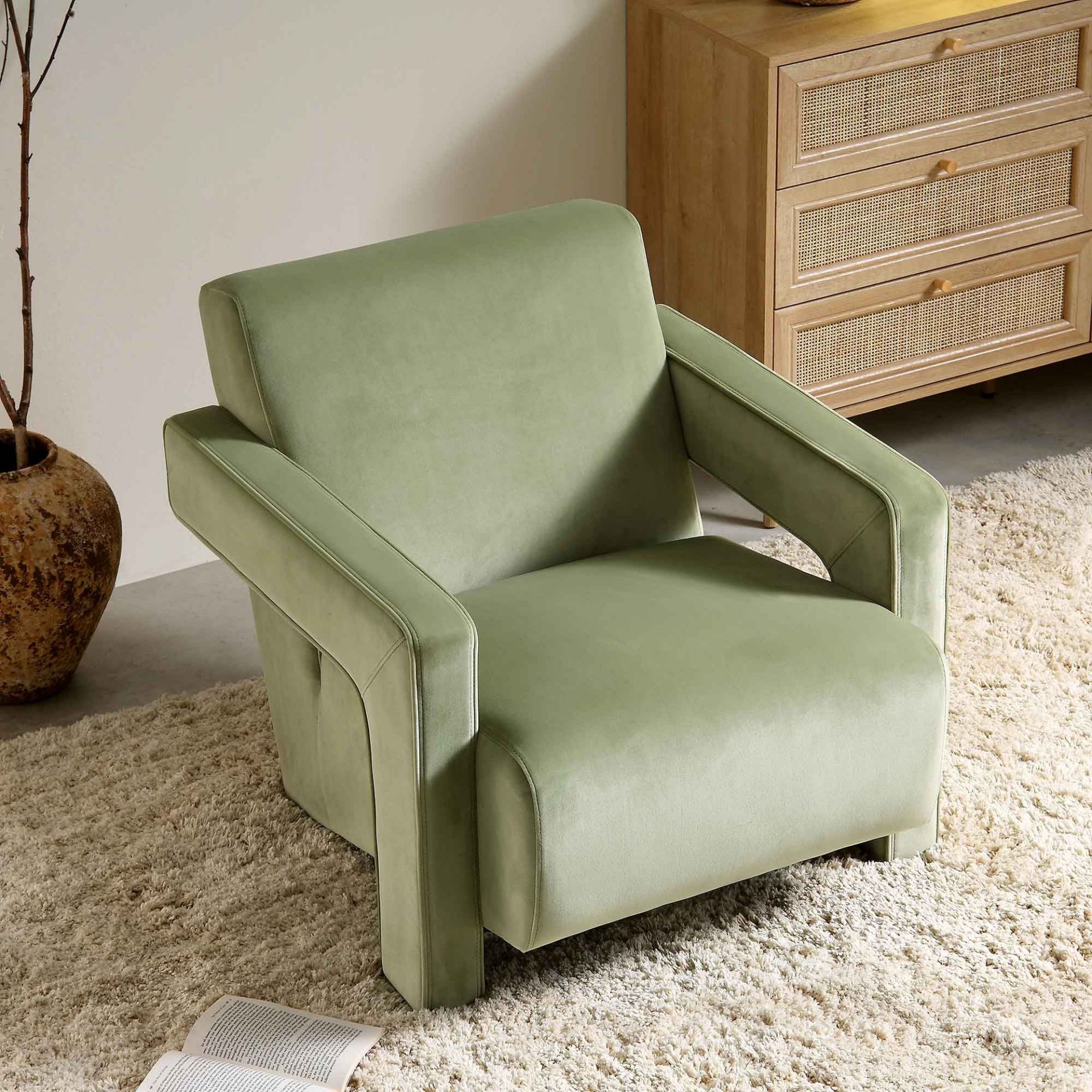 Brompton Sculptural Armchair, Lichen Velvet. - ER30. RRP £329.99. The deep, slightly sloped seat and - Image 2 of 2