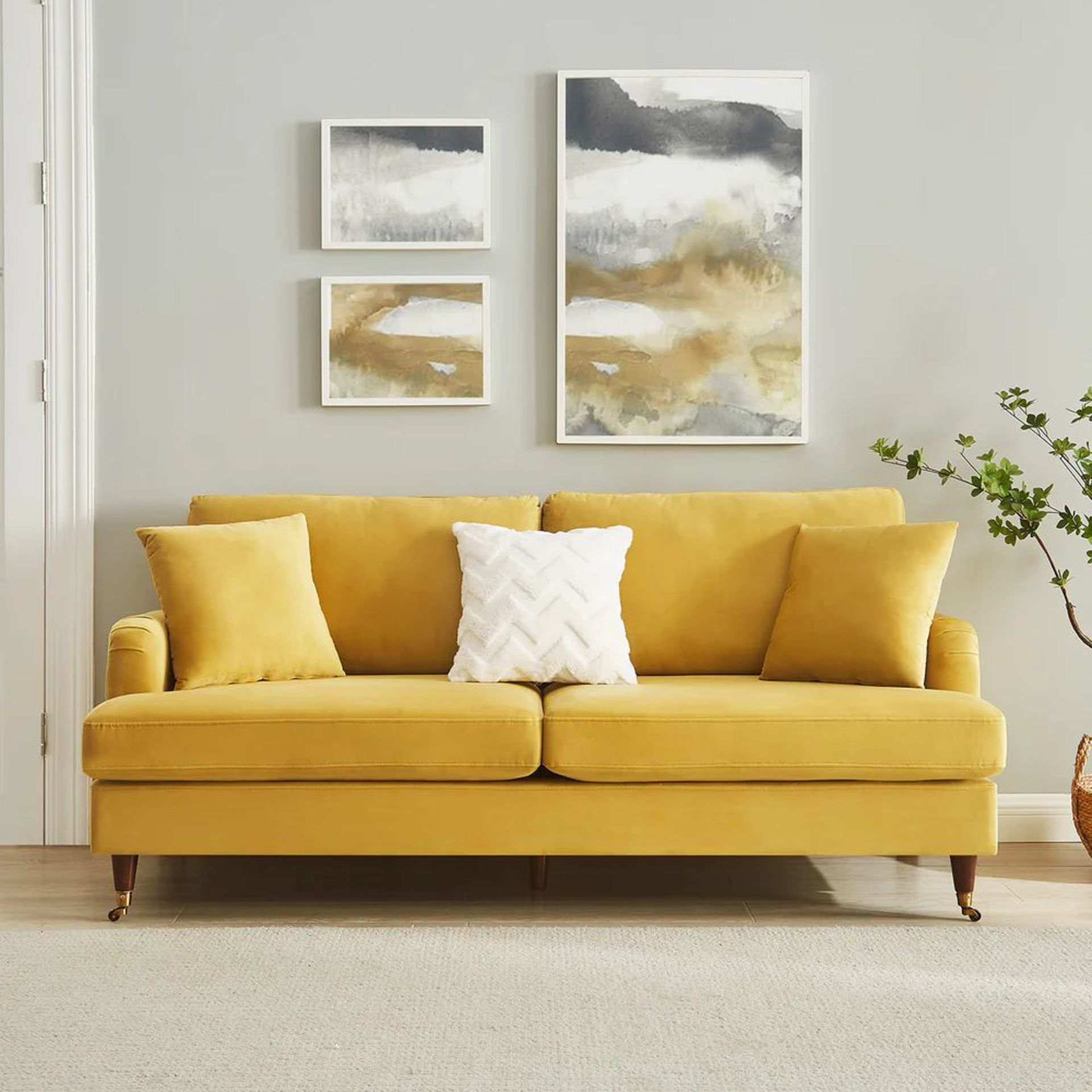 Brigette 3-Seater Mustard Velvet Sofa with Antique Brass Castor Legs. - ER23. RRP £569.99. Featuring - Bild 2 aus 2