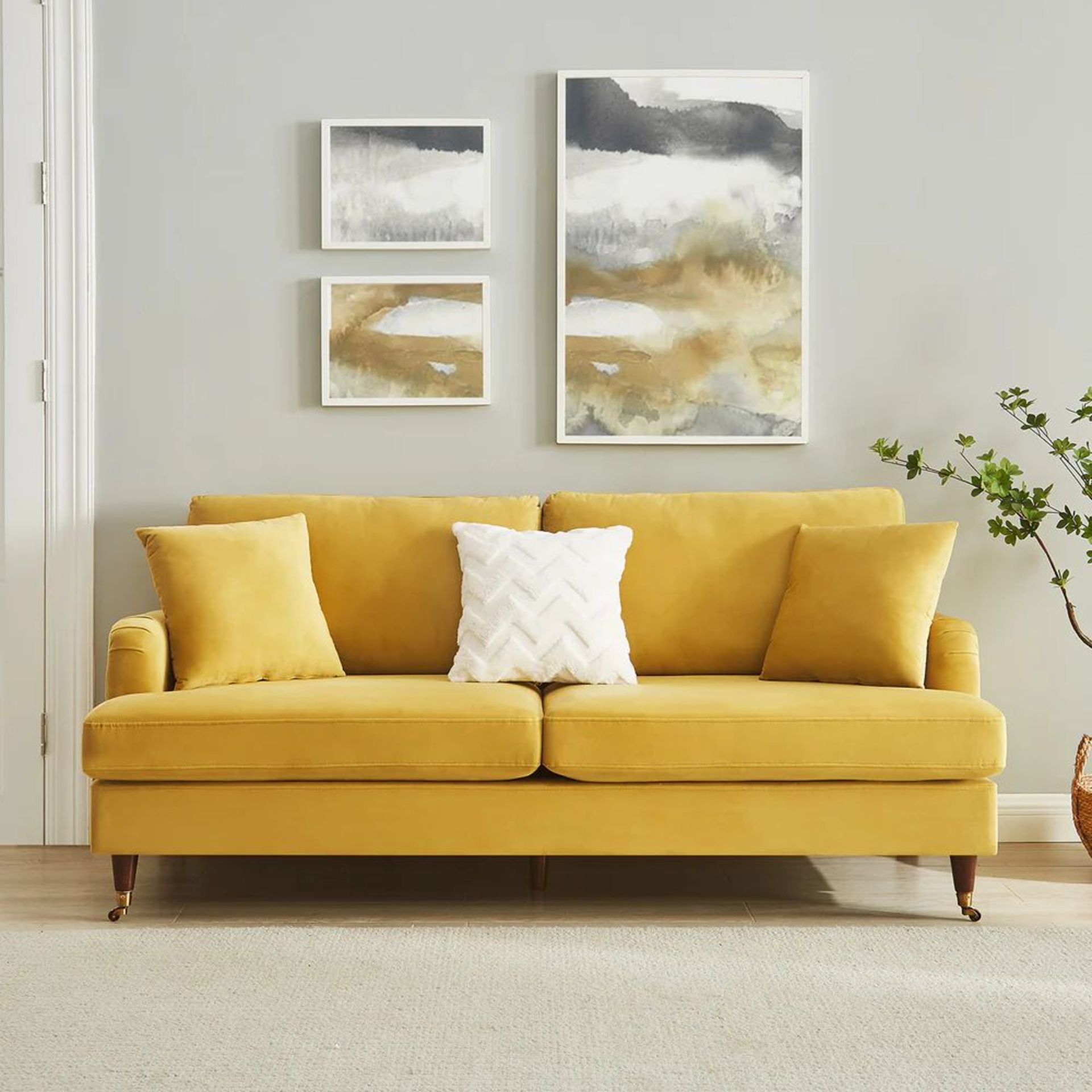 Brigette 3-Seater Mustard Velvet Sofa with Antique Brass Castor Legs. - ER23. RRP £569.99. Featuring - Image 2 of 2