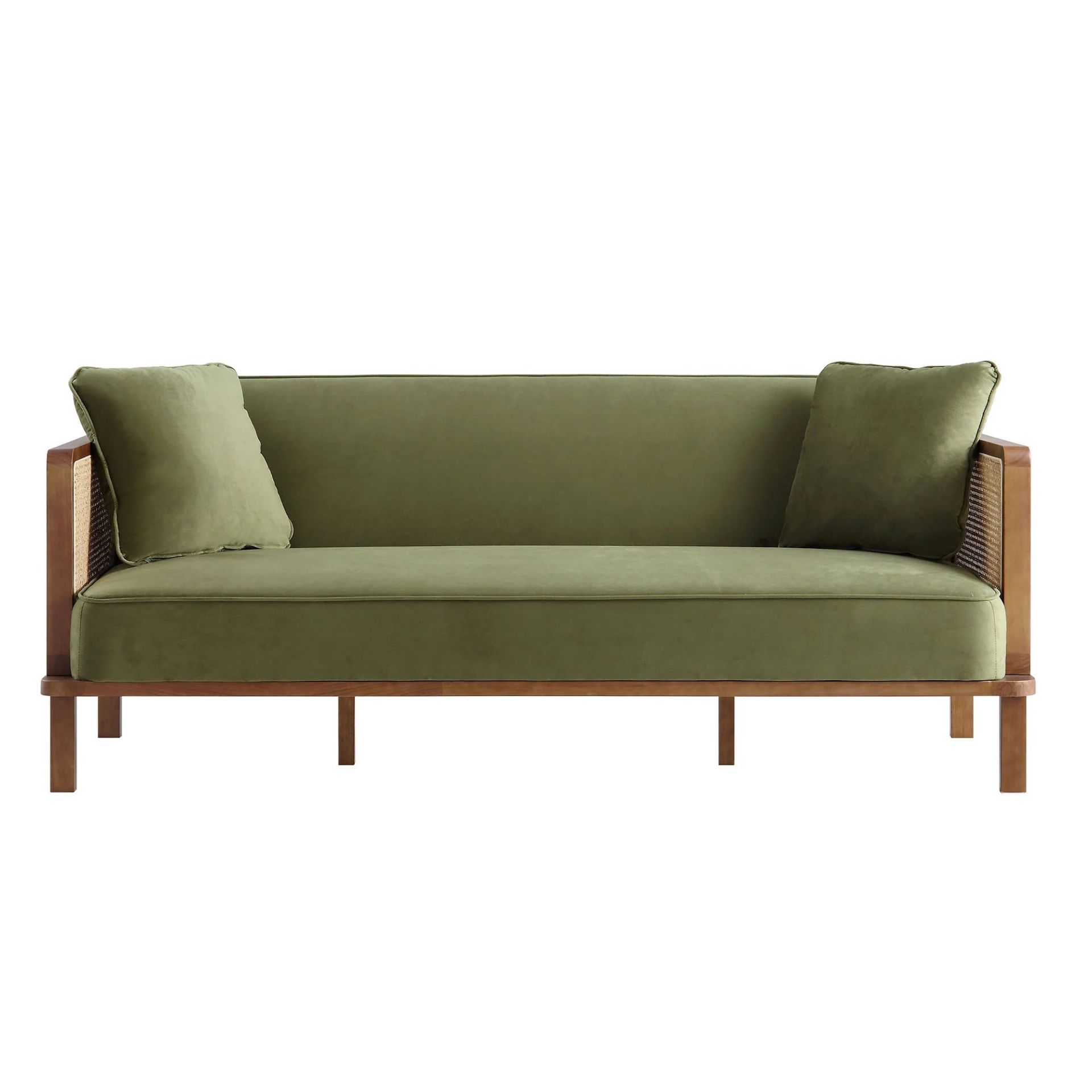 Pienza Cane Sofa Bed, Moss Green Velvet with Walnut Frame. -ER23. RRP £649.99. Upholstered in