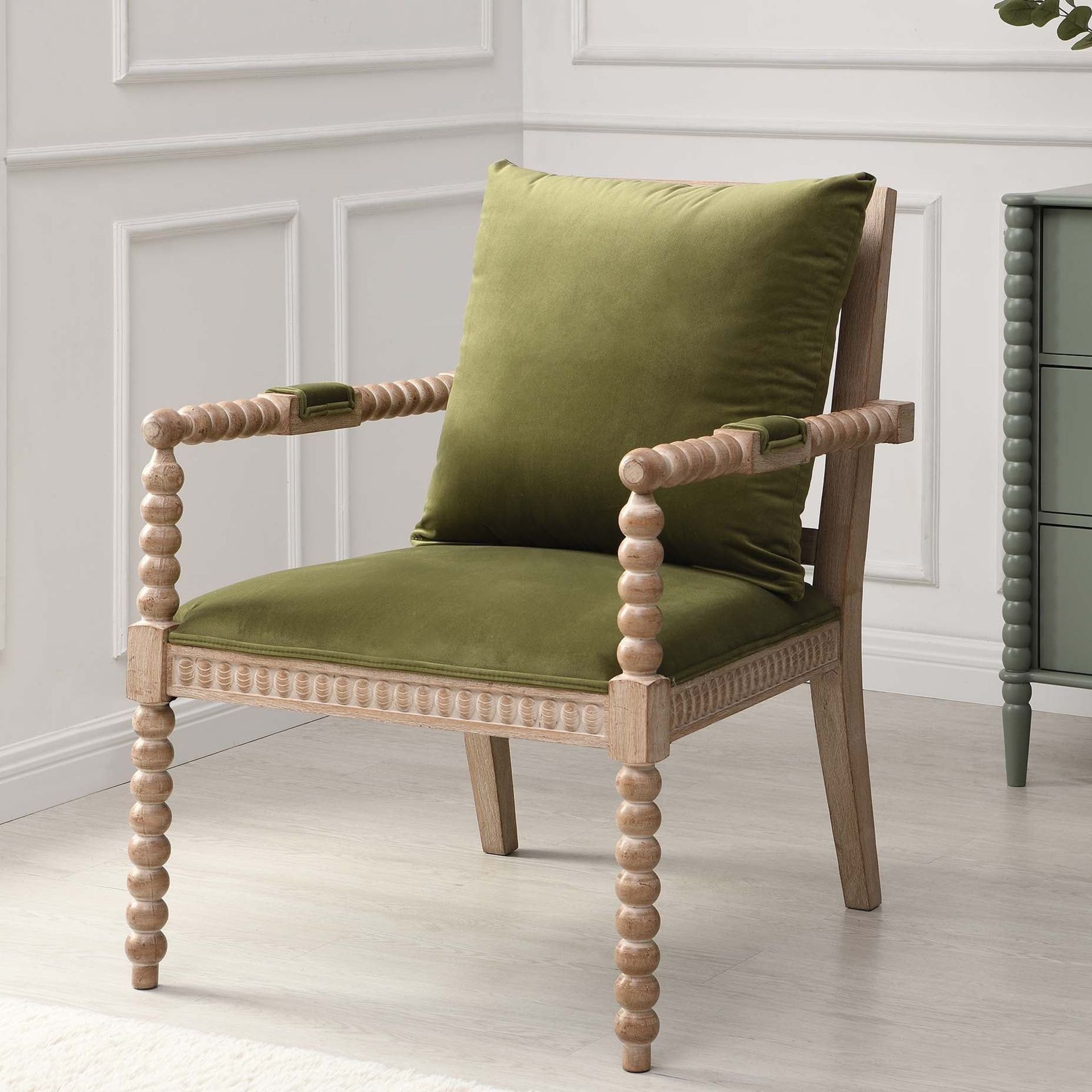 Hemingford Moss Green Velvet Bobbin Armchair. - ER30. RRP £299.99. Inspired by the 17th century