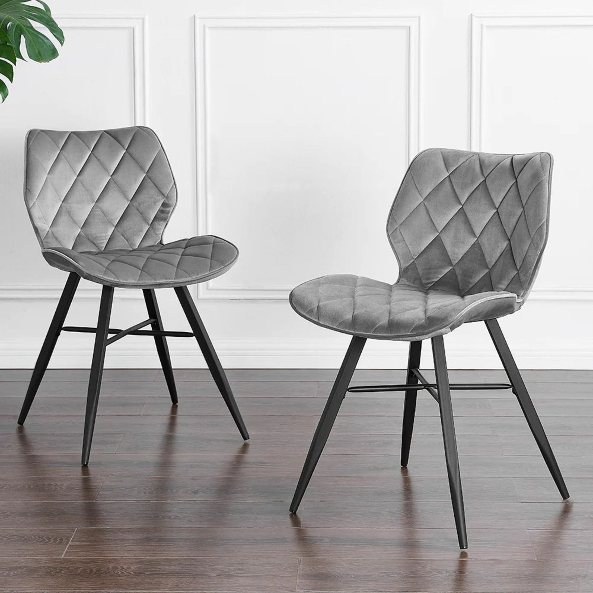 Set of 2 Ampney Diamond Stitch Light Grey Velvet Dining Chair Set of 2 with Metal Legs. - ER30.
