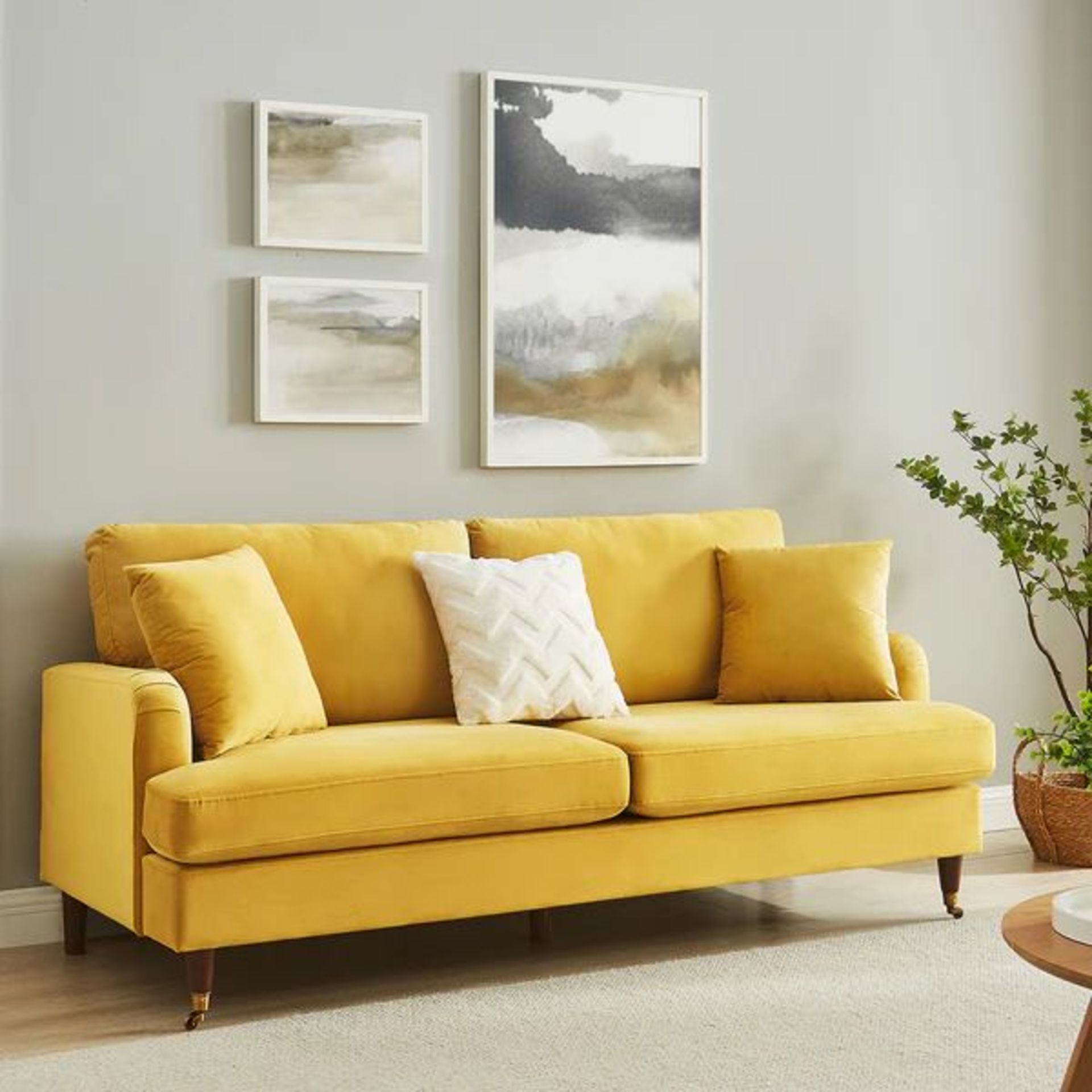Brigette 3-Seater Mustard Velvet Sofa with Antique Brass Castor Legs. - ER23. RRP £569.99. Featuring