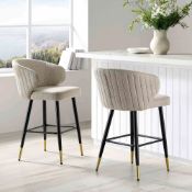 Langham Set of 2 Oatmeal Woven Fabric Upholstered Carver Counter Stools. - Er30. RRP £289.99.