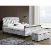 MEISSA Crushed Velvet Upholstered Double Bed with Diamante Headboard, Silver. - ER29. RRP £449.99. A