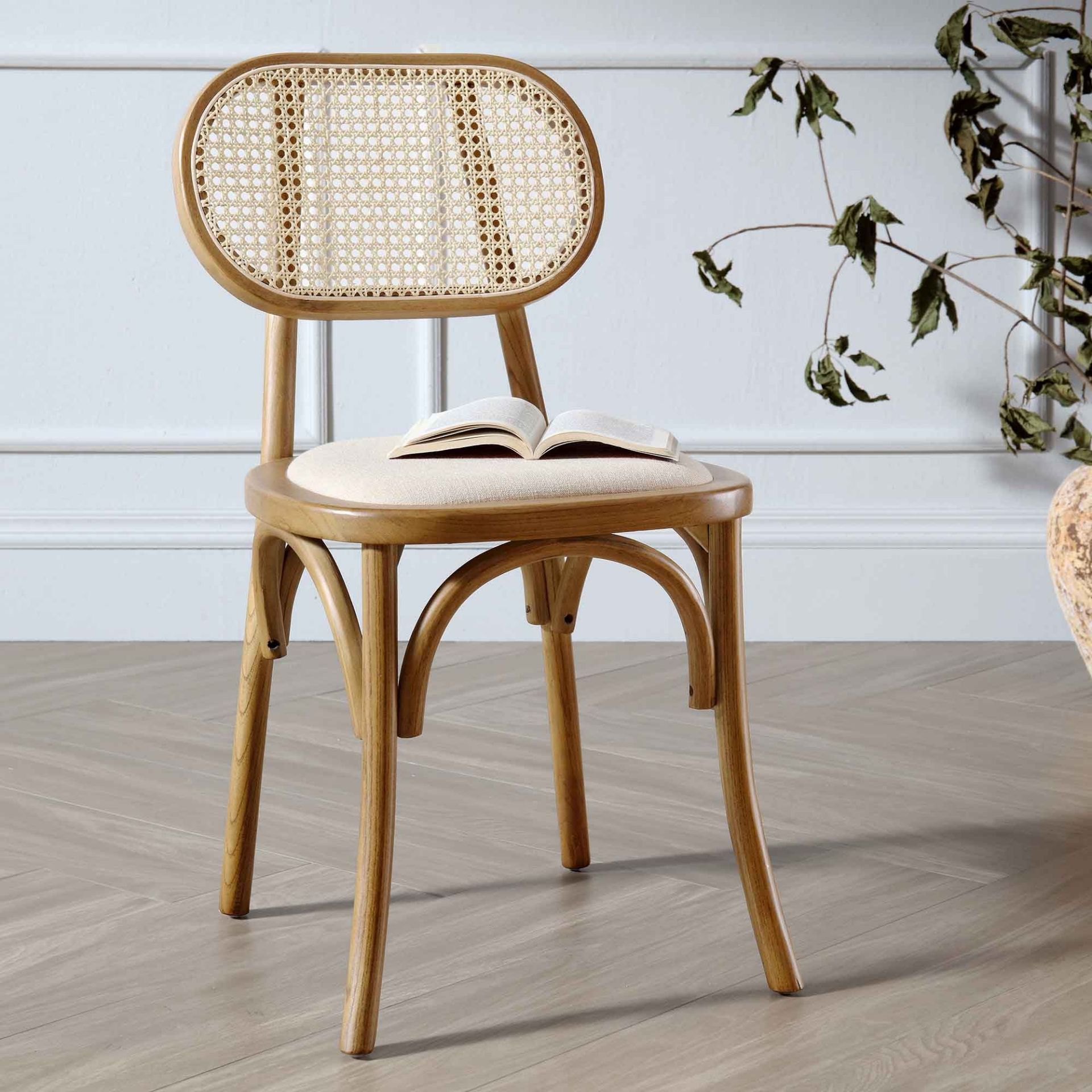 Anya Set of 2 Cane Rattan and Upholstered Dining Chairs, Light Walnut. -ER29. RRP £319.99.