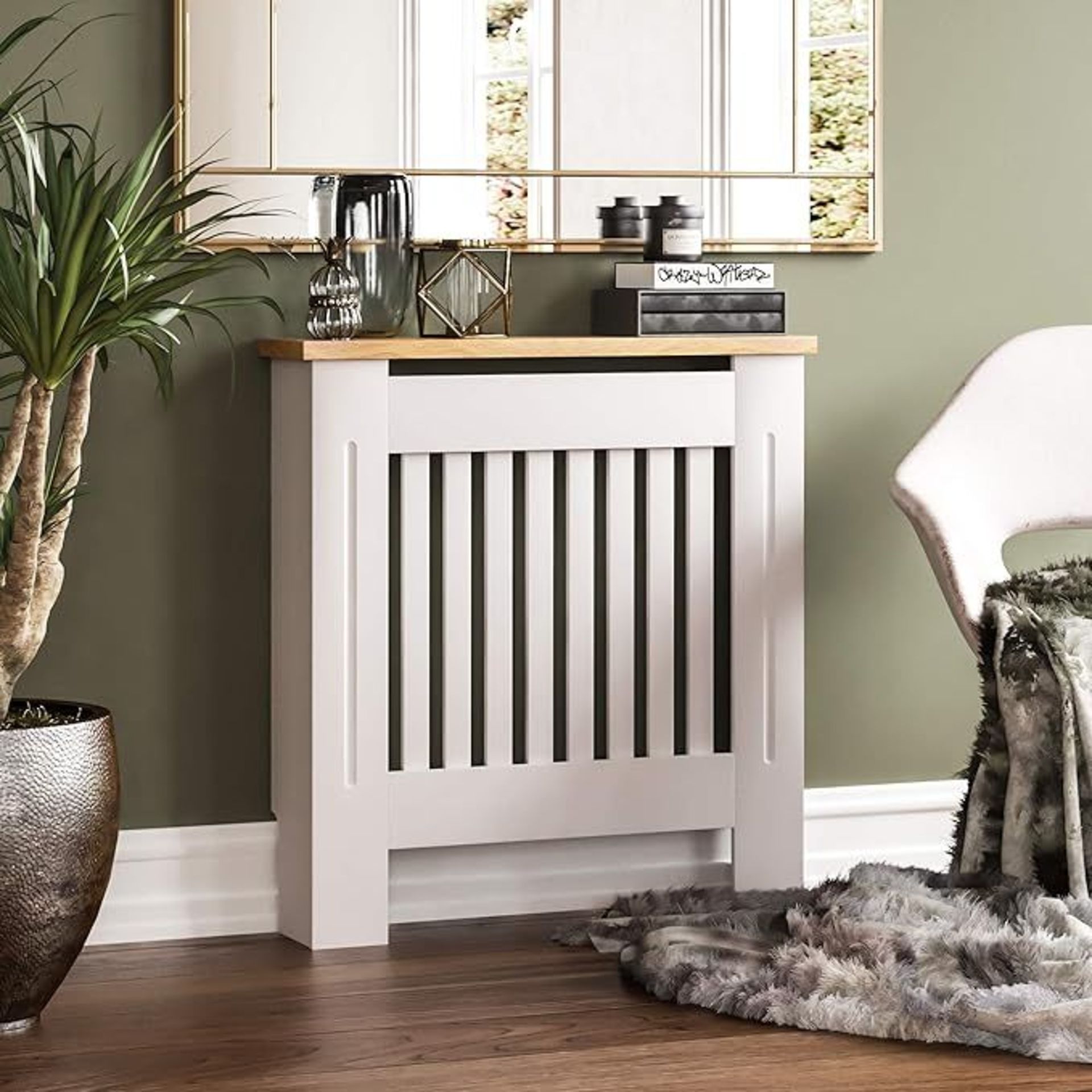 Vida Designs Arlington Radiator Cover White Modern Painted MDF Cabinet, Slats, Grill, Wood Top