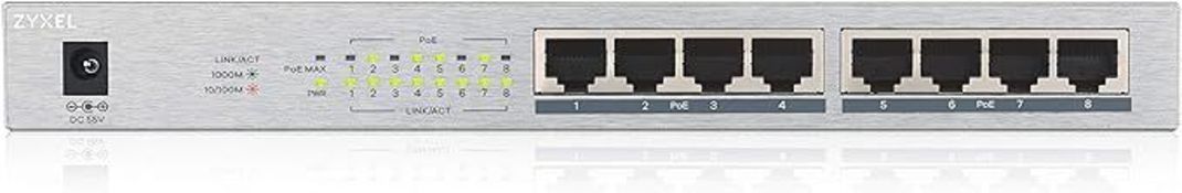 Zyxel 8 Port Gigabit Unmanaged 8 x PoE+ with 60 Watt Budget. - P2. Plug-and-play 8-port Gigabit