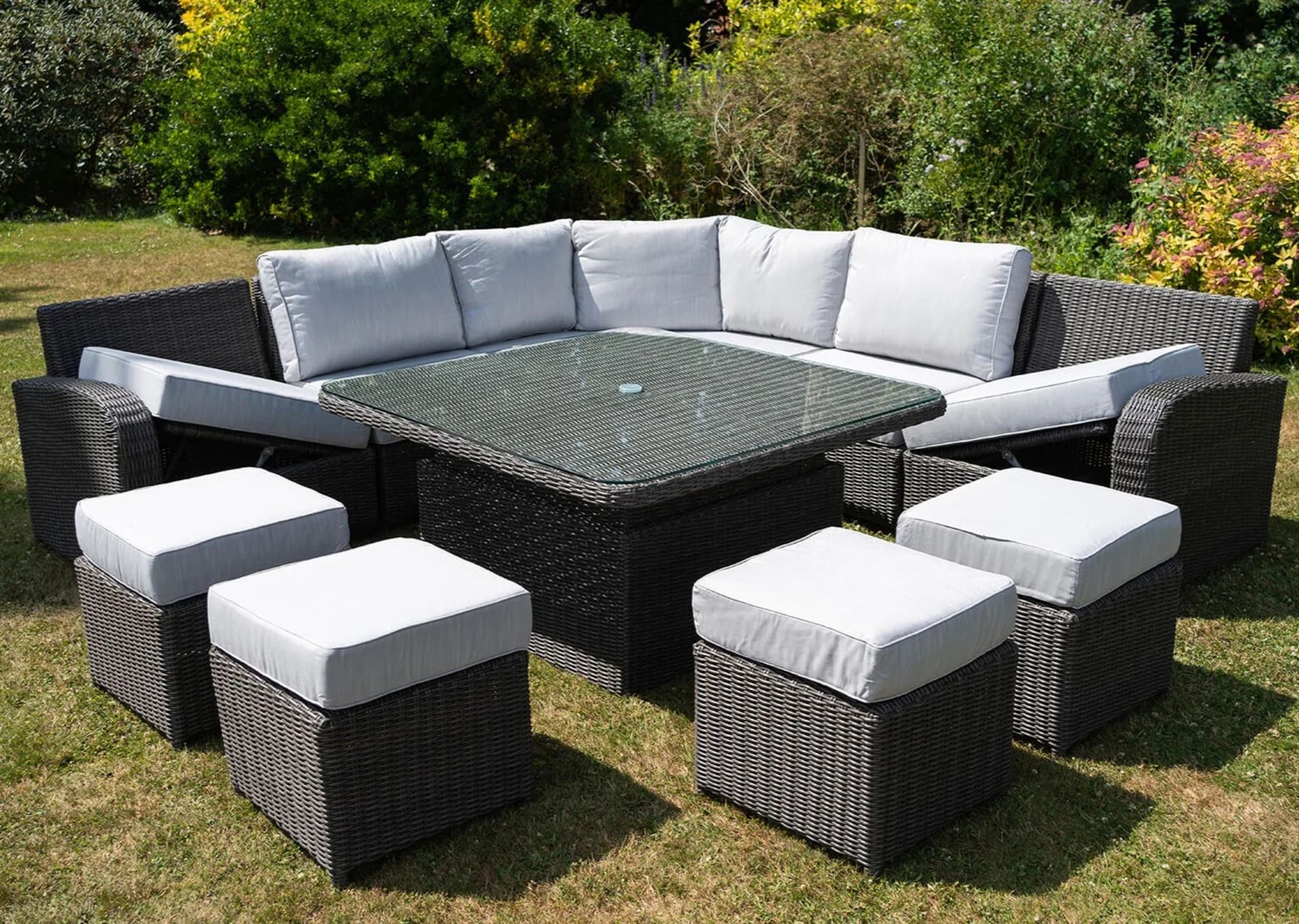 Brand New Moda Furniture, 10 Seater Outdoor Rise and Fall Table Dining Set in Grey with Grey - Image 2 of 8