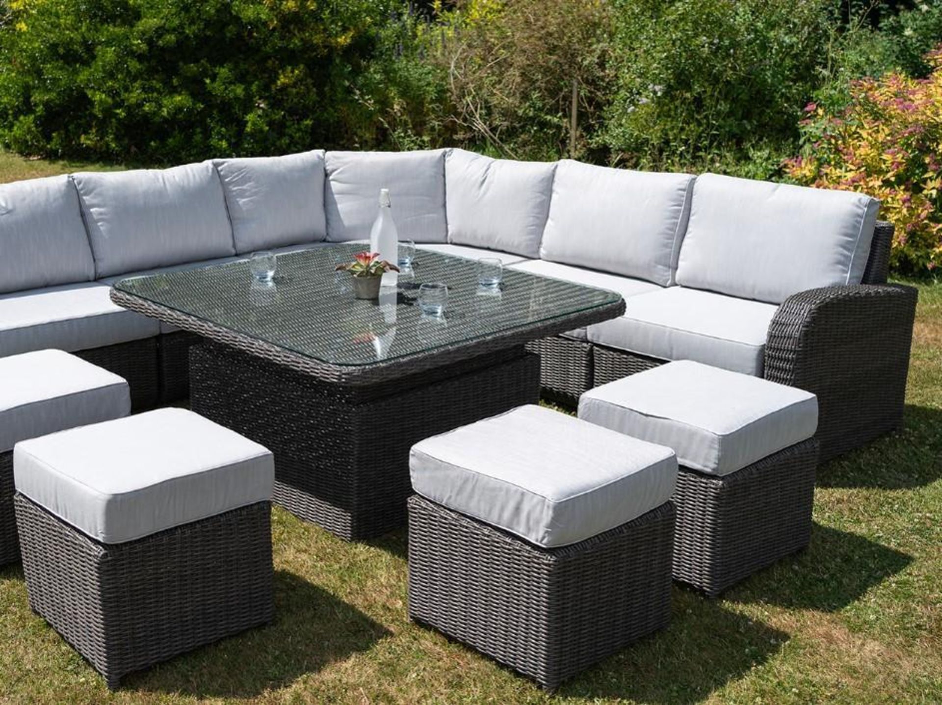 Brand New Moda Furniture, 10 Seater Outdoor Rise and Fall Table Dining Set in Grey with Grey