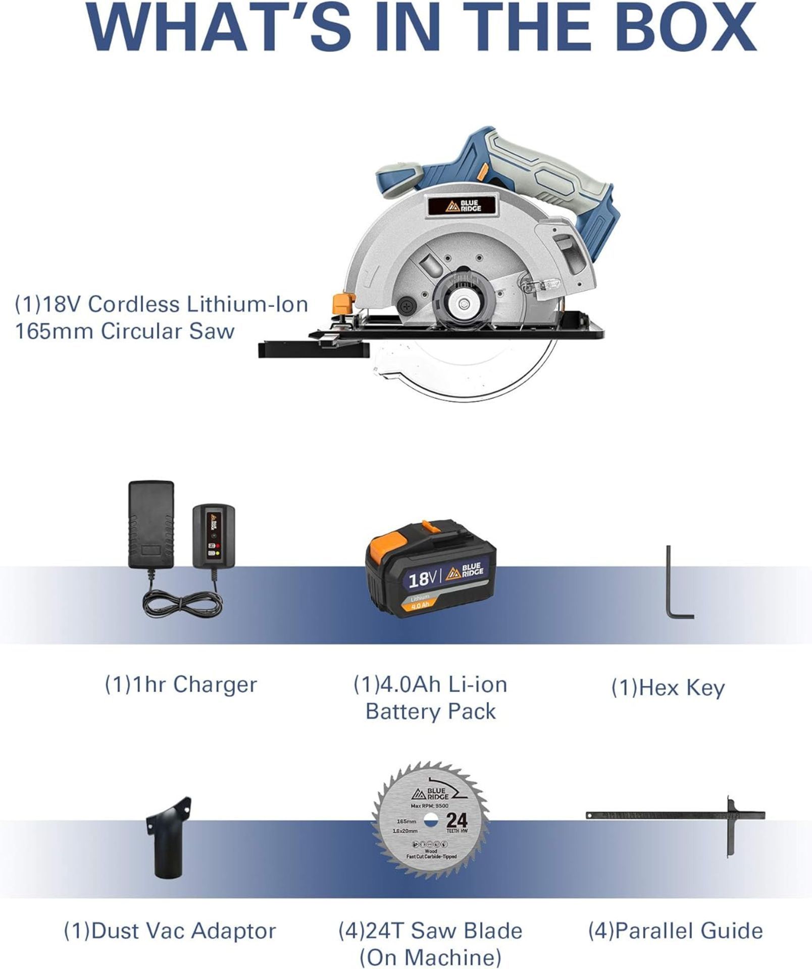 2x NEW & BOXED BLUE RIDGE 165MM Cordless Circular Saw 18V with 4.0Ah Battery. RRP £99.99 EACH. - Image 2 of 6