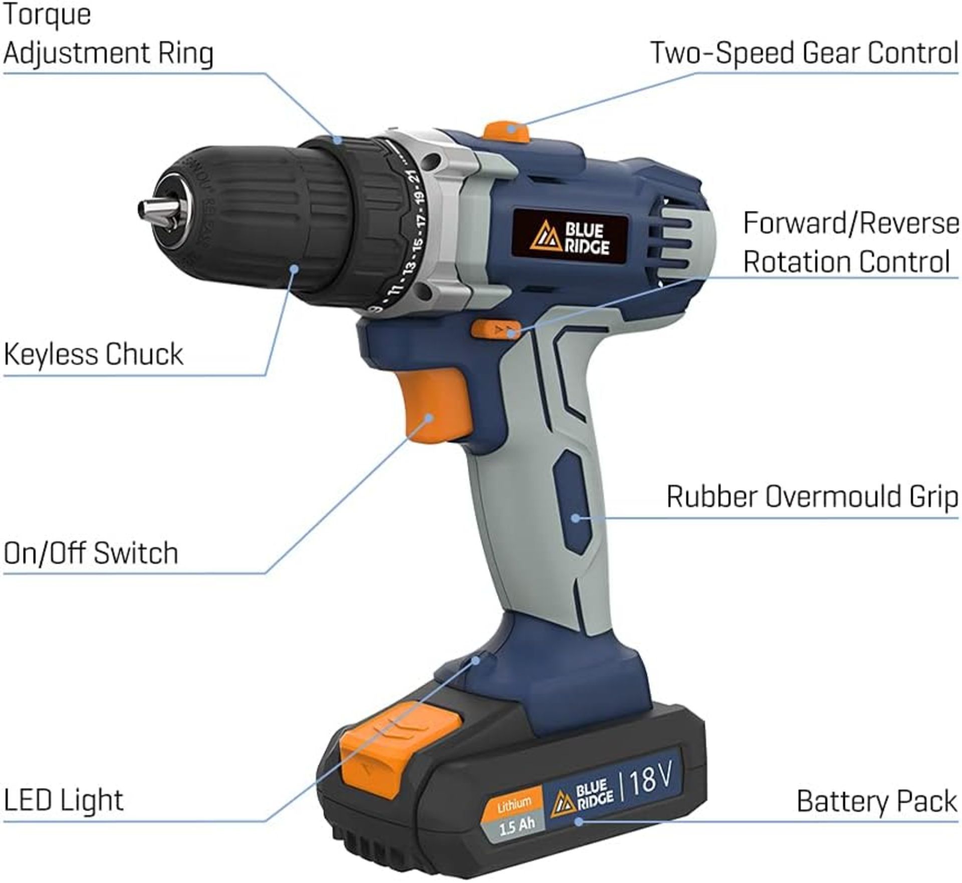 4x NEW & BOXED BLUE RIDGE 18V Cordless Drill Driver. RRP £89 EACH. The BlueRidge 18V cordless - Image 5 of 9