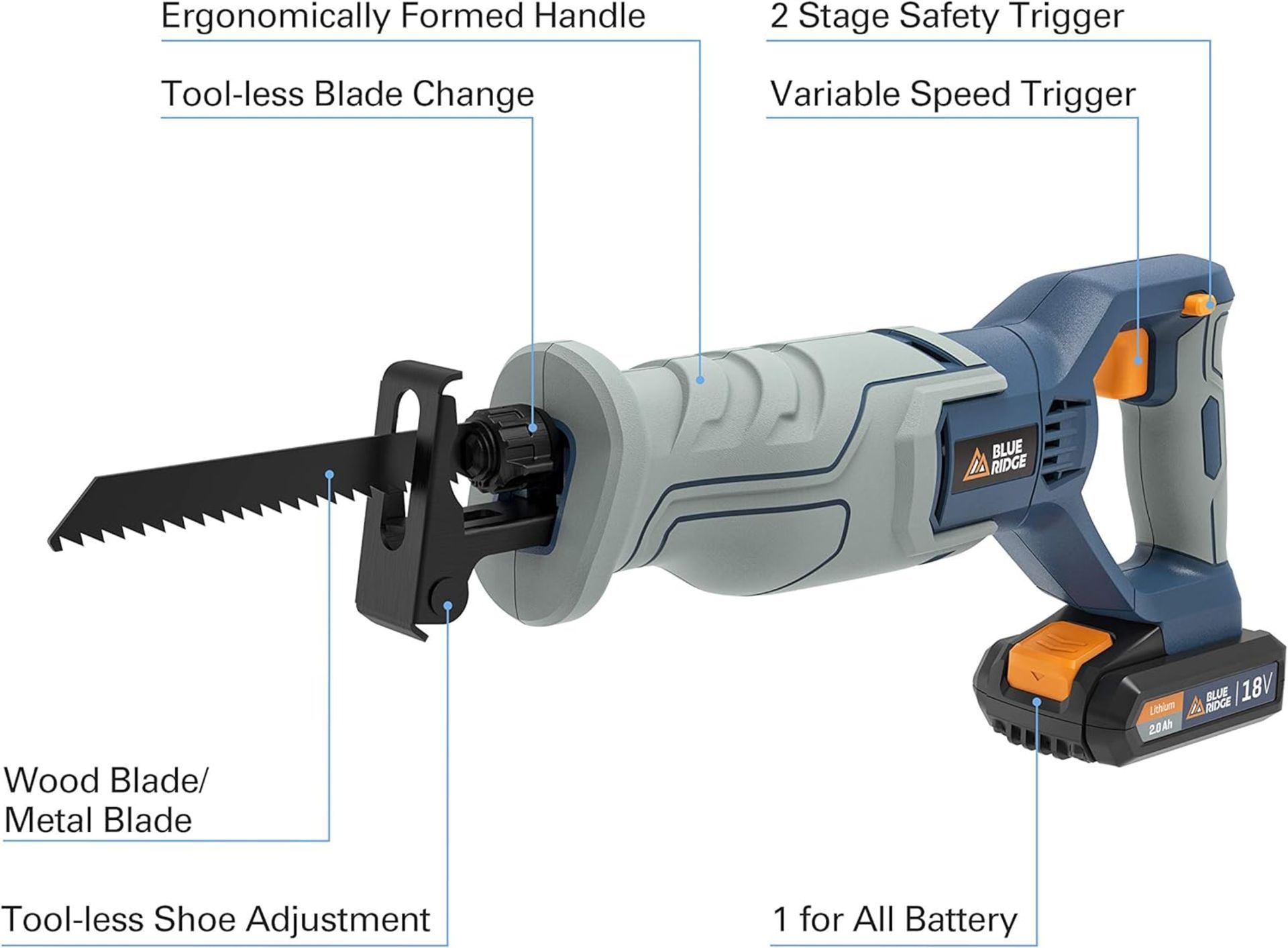 3x NEW & BOXED BLUE RIDGE 18V Reciprocating Cordless Sabre Saw with 2.0Ah Battery. RRP £99 EACH. - Bild 7 aus 8