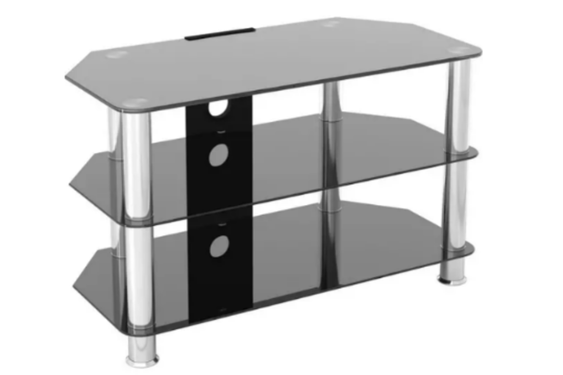 NEW LIVING GLASS TV STANDS. BLACK TEMPERED GLASS WITH STAINLESS STEEL LEGS. EASY TO ASSEMBLE. APPROX