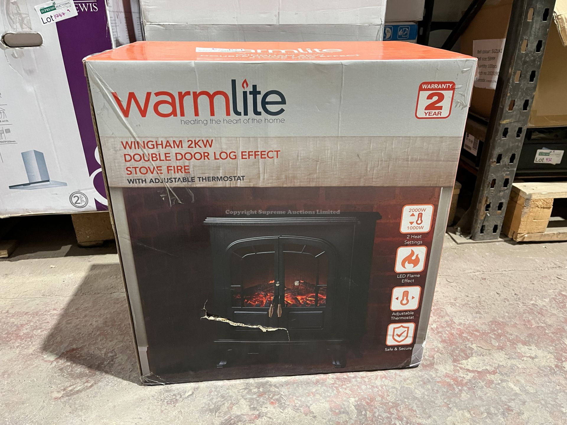 BRAND NEW WARMLITE 2KW DOUBLE DOOR LOG EFFECT STOVE FIRE WITH ADJUSTABLE THERMOSTAT R6-4