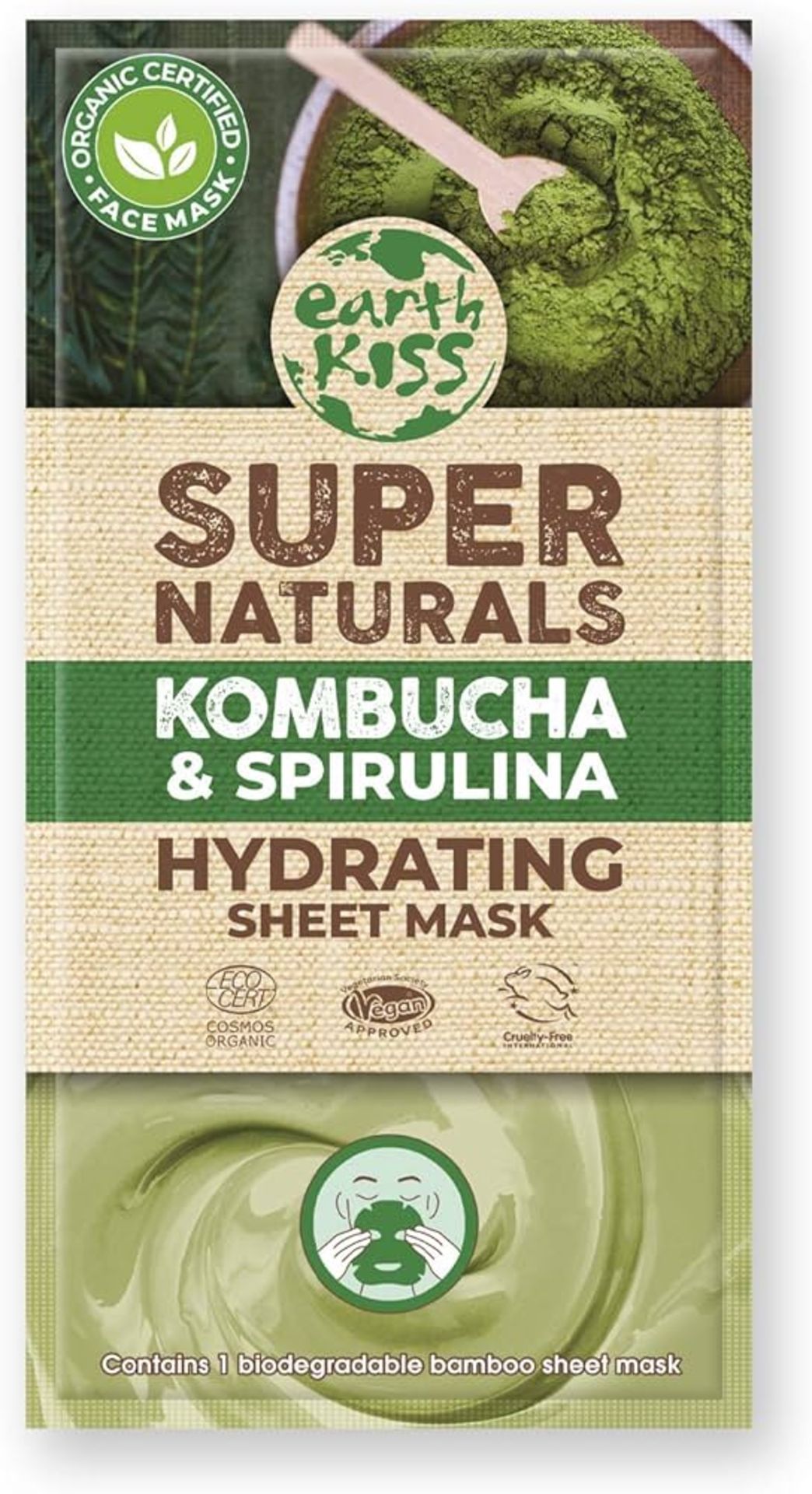 138 X BRAND NEW EARTH KISS SUPER NATURALS KOMBUCHA AND SPIRULINA HYDRATING SHEET MASKS EBR7