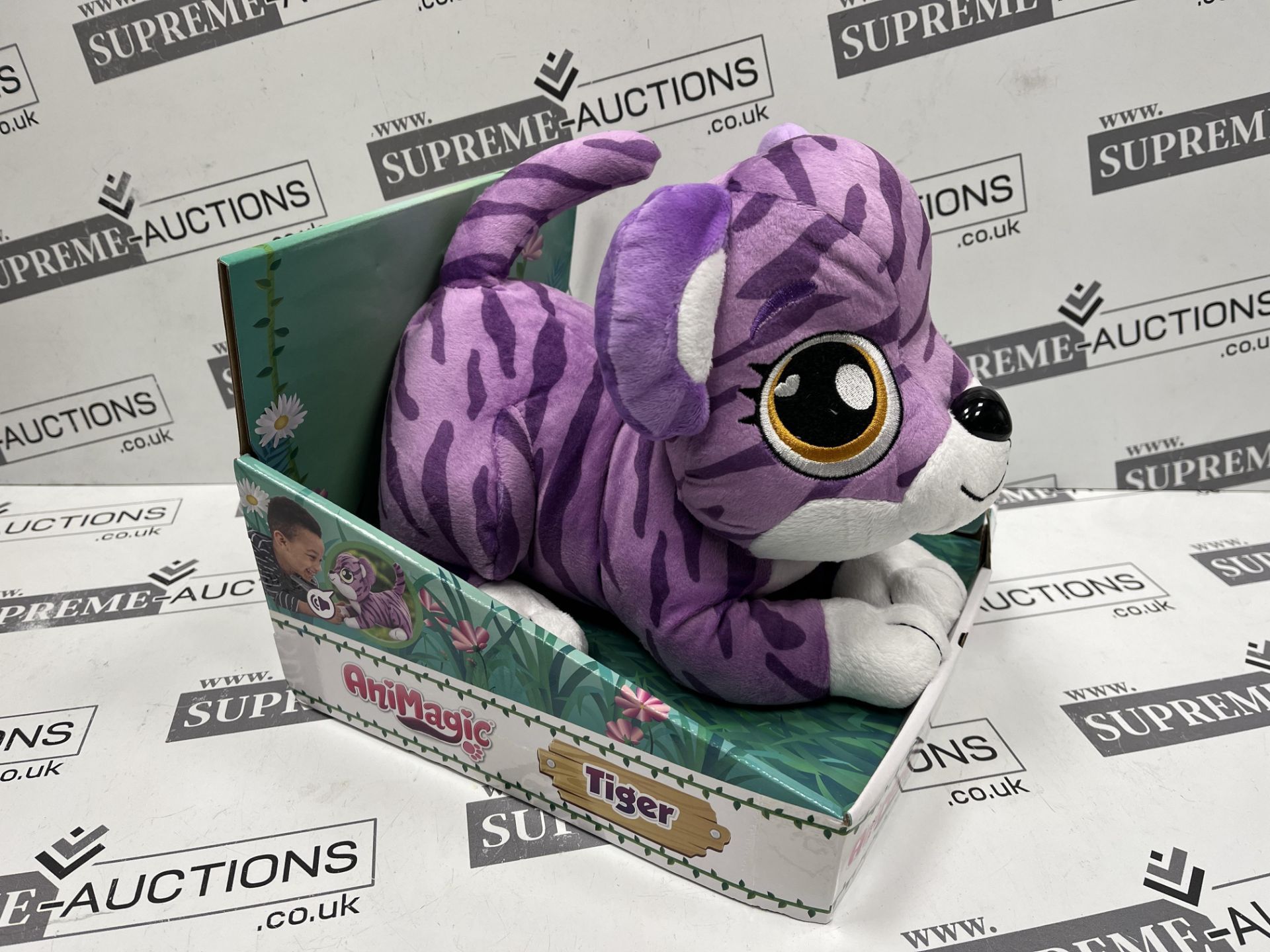 10 X NEW & PACKAGED Animagic Plush Soft Cuddly Purple Tiger with Roaring and Giggles. (ROW10.6&14.